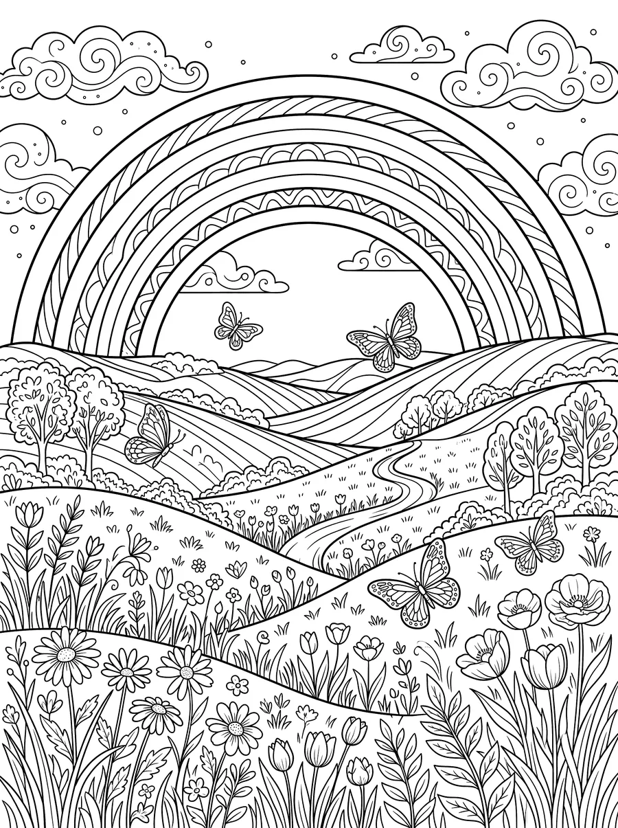 Coloring page of a large rainbow arching over rolling hills covered in wildflowers with butterflies flying and decorative clouds on each side
