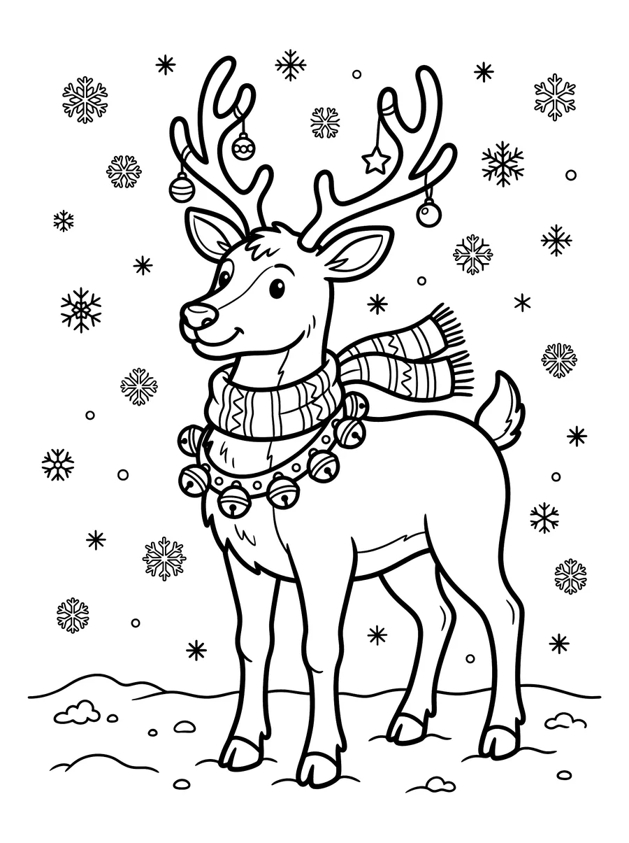 A smiling reindeer wearing a patterned scarf and a jingle bell collar, standing in snow with ornaments hanging from its antlers and snowflakes falling around it