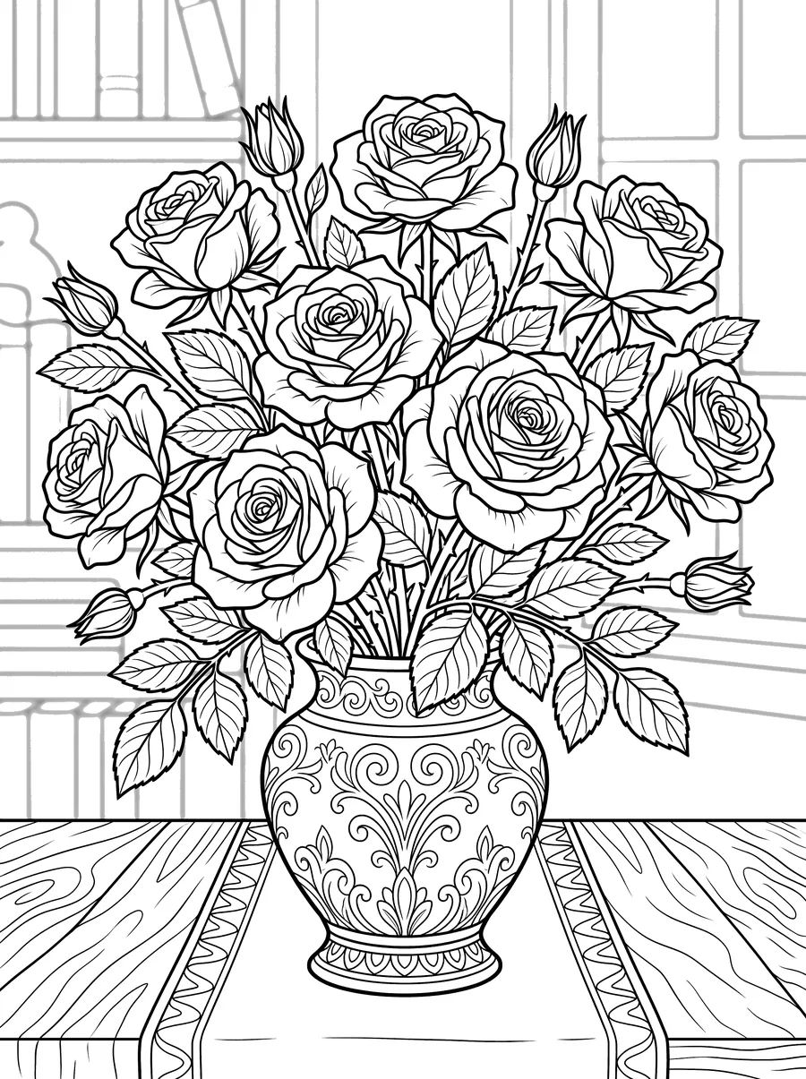Coloring page of an elaborate bouquet of roses with buds and leaves in an ornate decorative vase sitting on a wooden table