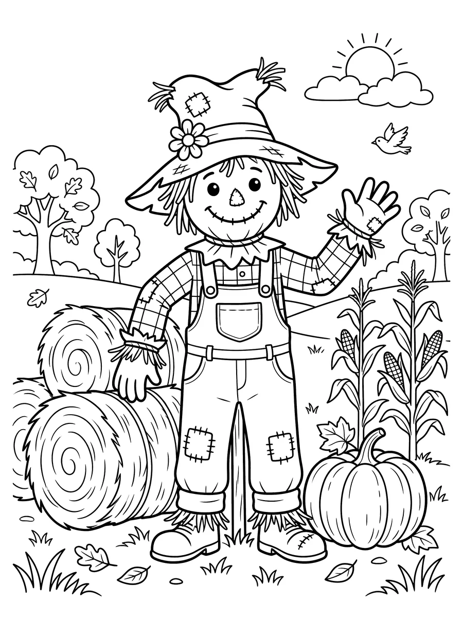 A cheerful scarecrow in a floppy patched hat and overalls standing beside two round hay bales with corn stalks and a pumpkin nearby, sun and clouds in the sky