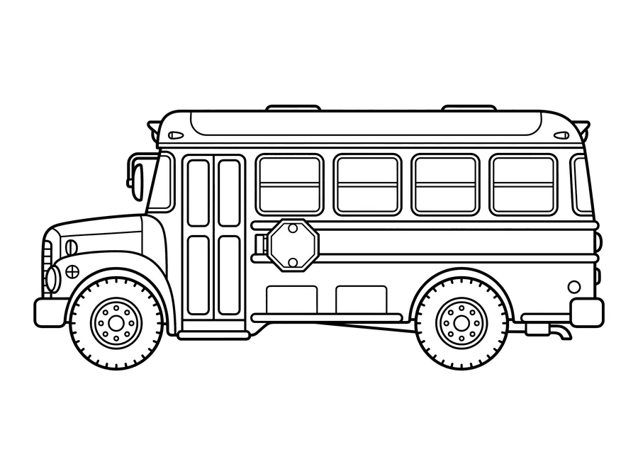 Coloring page of a classic long school bus with rows of rectangular windows, large wheels, a folding door, and a stop sign arm on the side