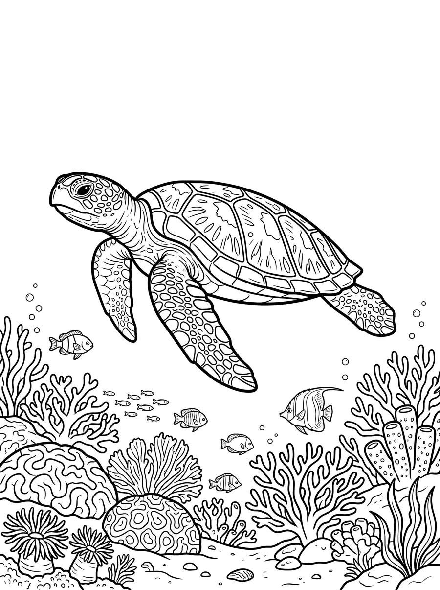Coloring page of a sea turtle gliding above a colorful coral reef with a patterned shell, flipper-like legs, and many small fish and coral formations below