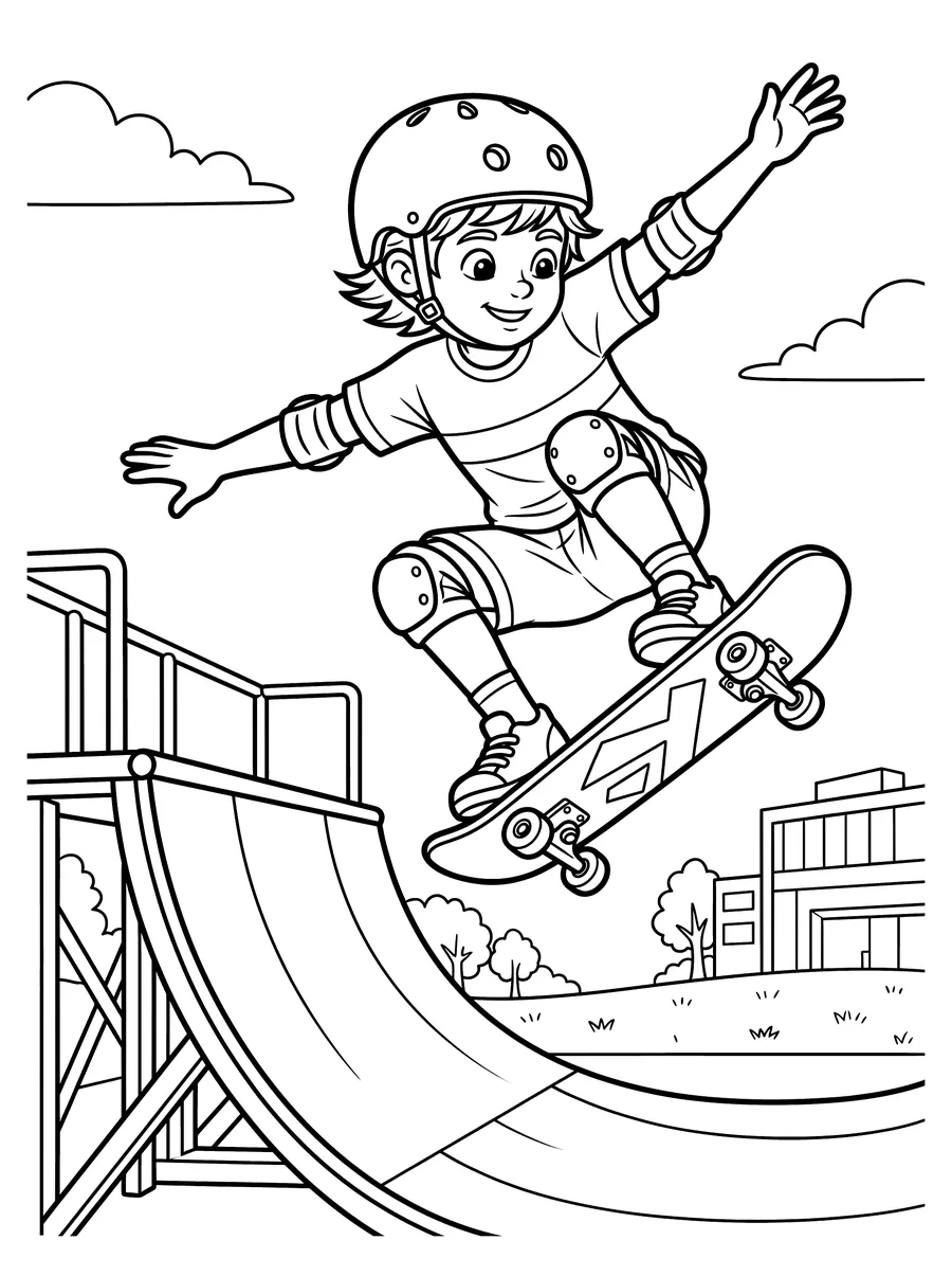 Coloring page of a child on a skateboard launching off a half-pipe ramp mid-air with arms outstretched, wearing a helmet and knee pads