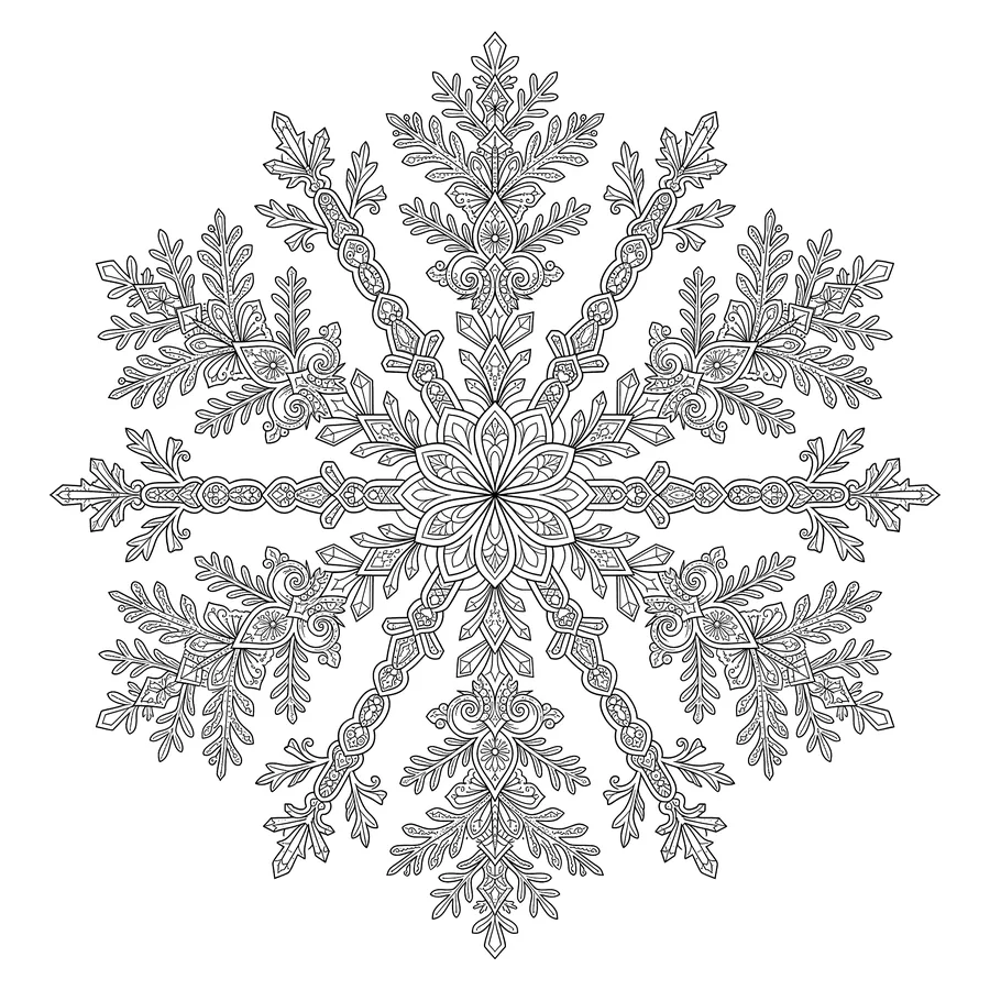 An intricate six-pointed snowflake mandala with branching crystal arms, tiny fern-like sub-branches, scroll ornaments, diamond accents, and a central six-petal flower