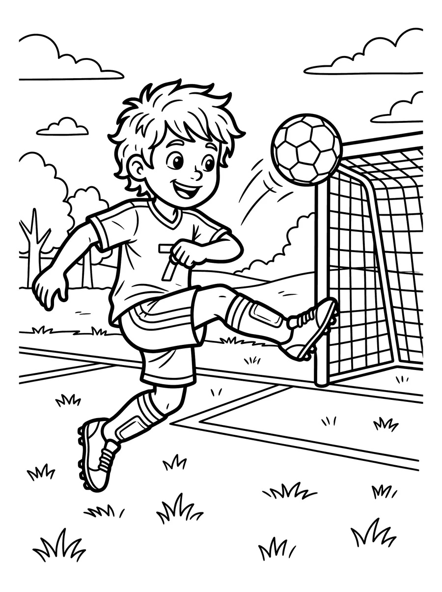 Coloring page of a smiling child in a soccer uniform mid-kick with a soccer ball flying toward a goal post, trees and clouds in the background