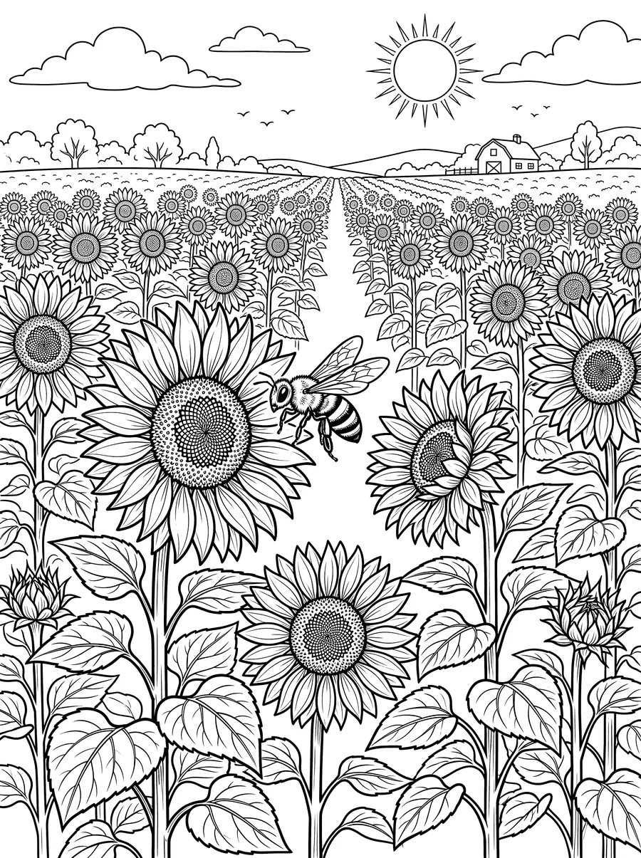 Coloring page of a vast sunflower field with a bee flying in the foreground, sun shining overhead, and a farm in the distant background