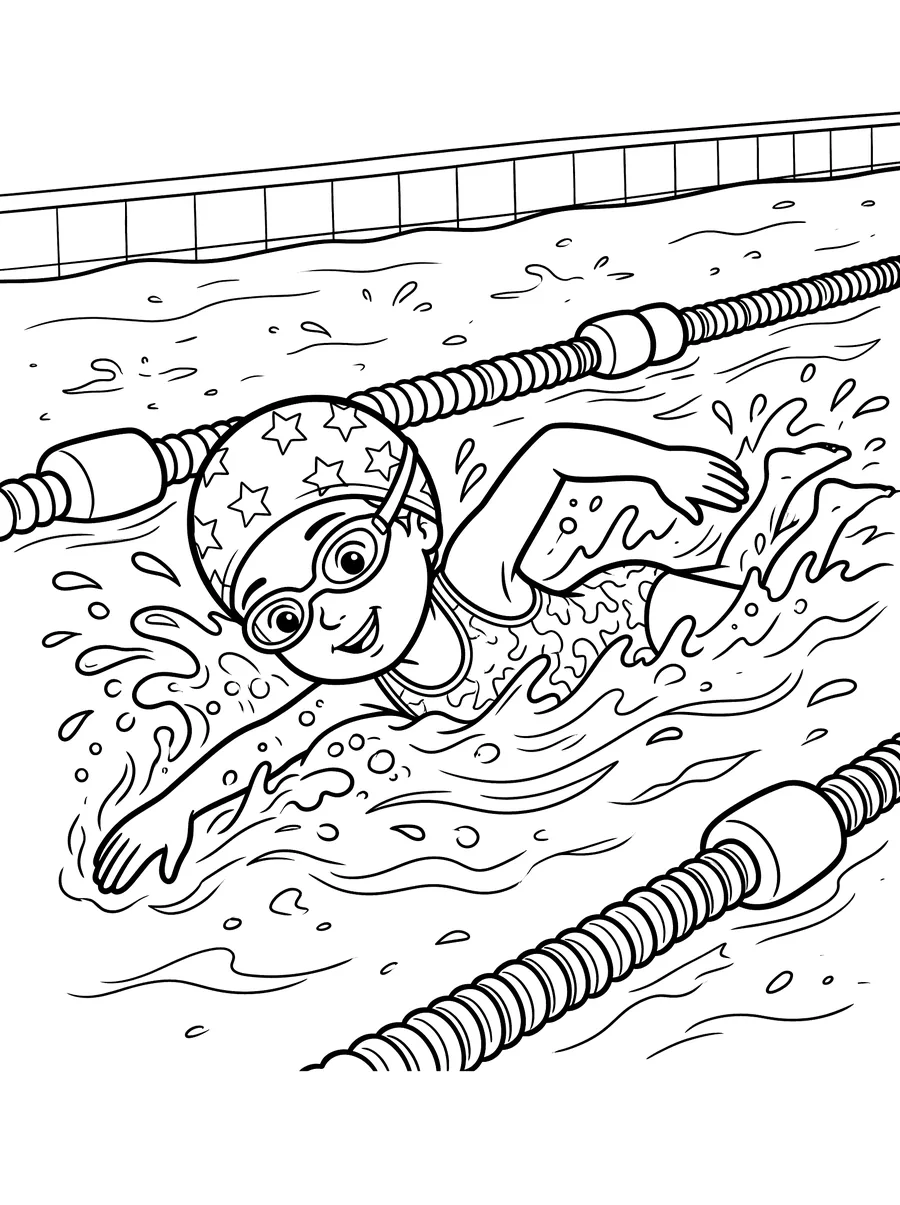 Coloring page of a child swimming freestyle in a lap pool lane wearing goggles and a star-patterned swim cap, with lane divider ropes on each side