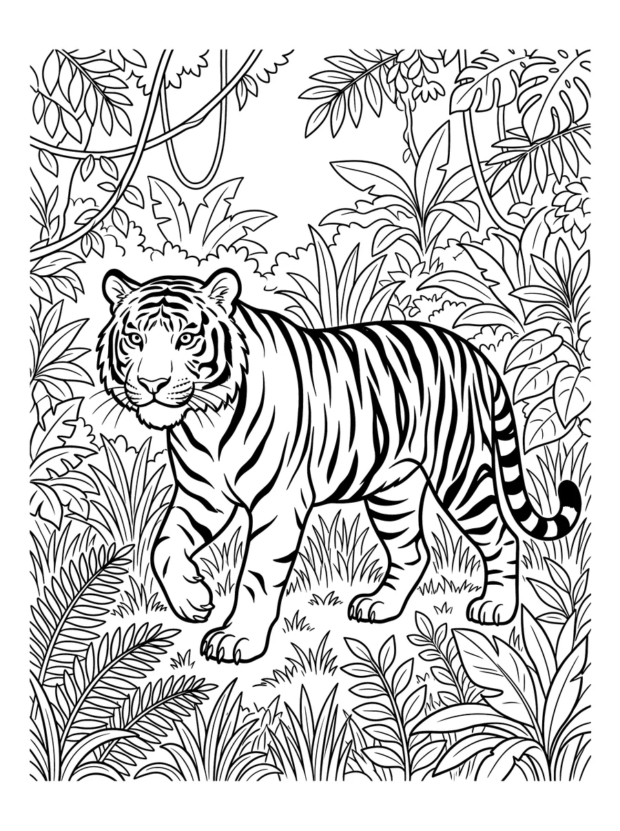 Coloring page of a tiger walking through dense jungle vegetation with bold stripes on its body and head, surrounded by ferns, leaves and hanging vines