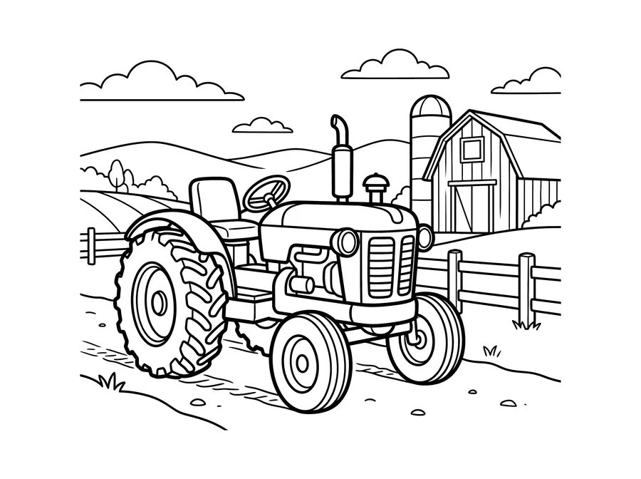 Coloring page of a classic farm tractor with a large rear wheel and small front wheel on a dirt path, with a barn, silo, fence, and rolling hills in the background