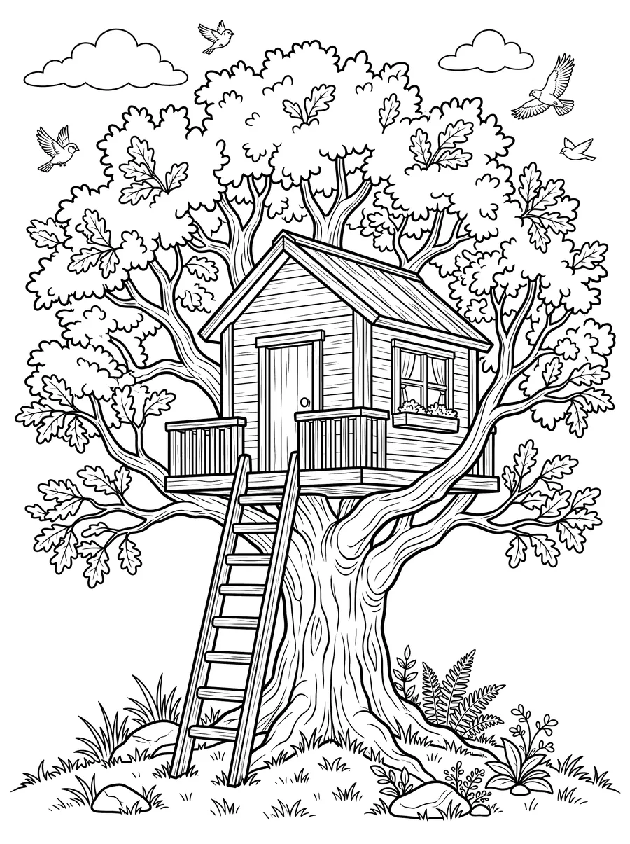 Coloring page of a wooden treehouse with a ladder, door, and window nestled in the branches of a large oak tree with birds flying and ferns below