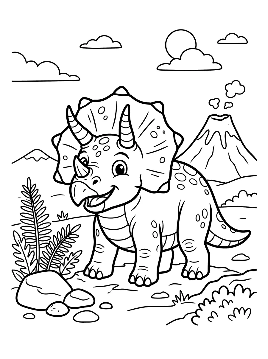 Coloring page of a smiling triceratops standing among ferns and rocks with a smoking volcano and clouds behind it