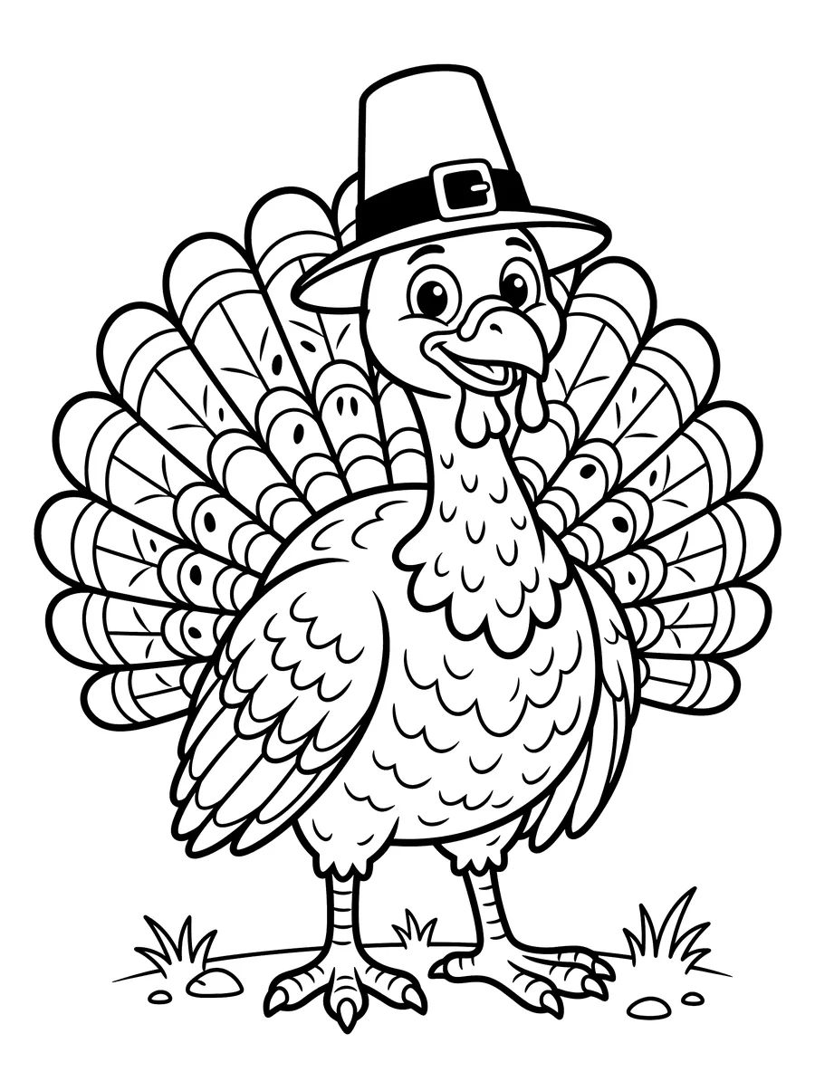 A cartoon turkey with a wide fan of patterned tail feathers wearing a tall pilgrim hat with a buckle, standing in grass with a cheerful expression