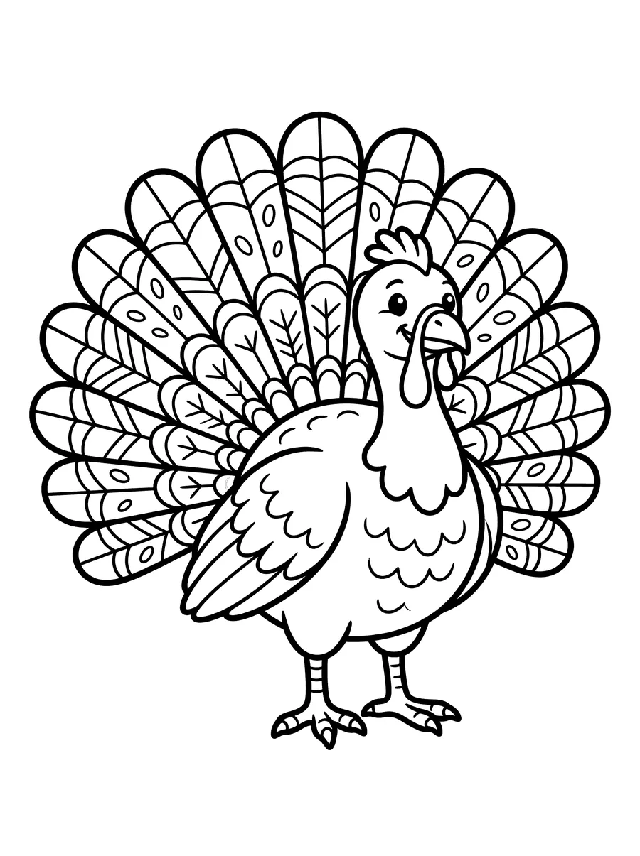 A proud turkey standing and facing forward with a wide fan of patterned tail feathers spread behind it, each feather decorated with eye-shaped markings and chevron lines