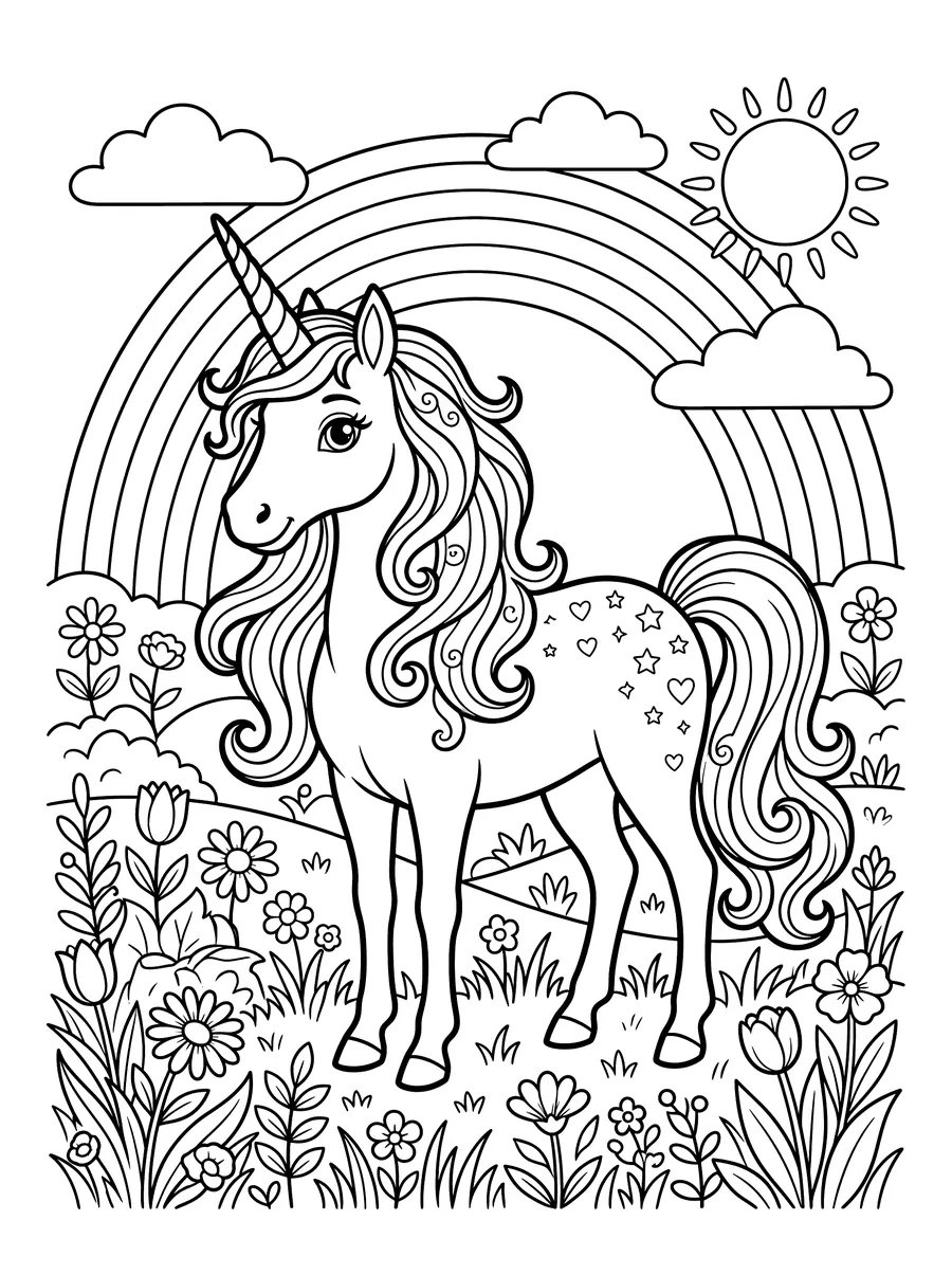 Coloring page of a beautiful unicorn with a spiral horn and long wavy mane standing in a meadow of flowers with stars and hearts on its flank, a rainbow and smiling sun behind it