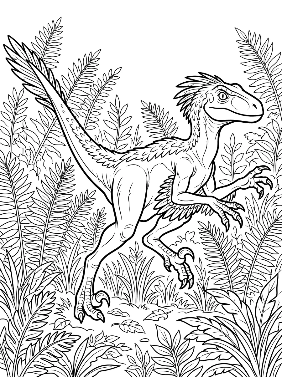Coloring page of a feathered velociraptor mid-stride through dense ferns, one foot raised with a sickle claw visible and arms outstretched