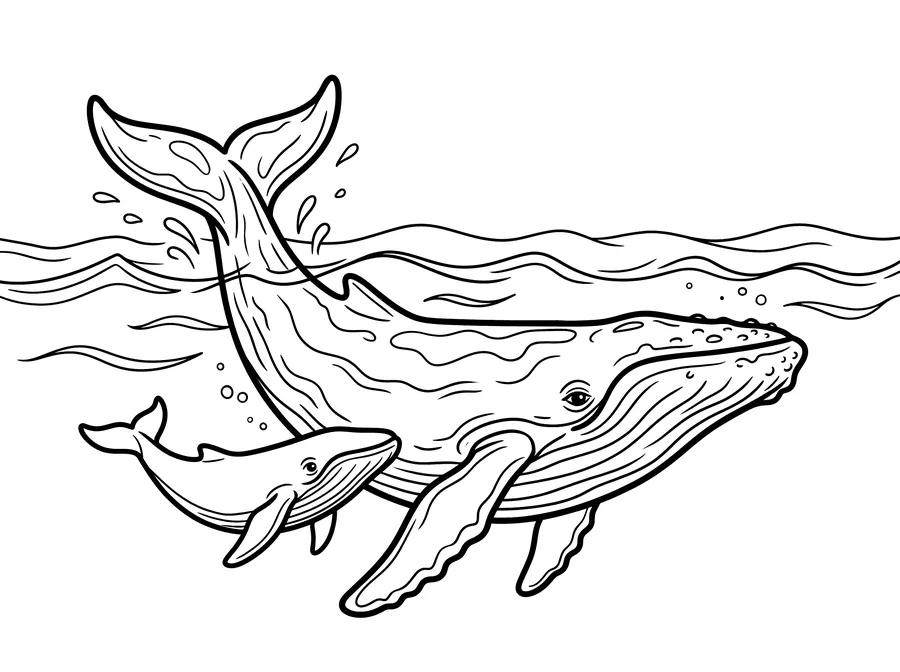 Coloring page of a large humpback whale with a small calf swimming beside it, the whale's tail fluke raised above the water surface, ocean waves at the top
