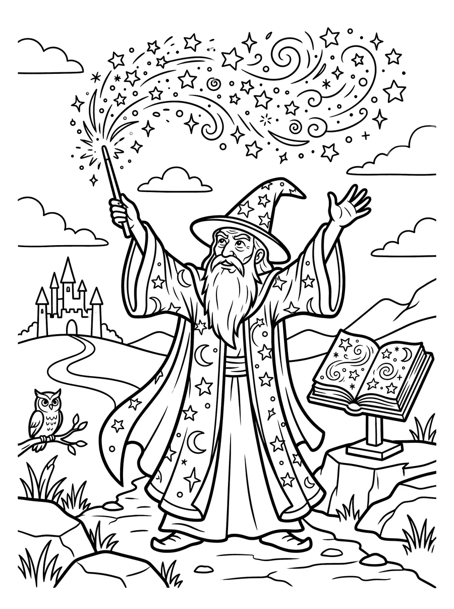 Coloring page of a bearded wizard in a star-and-moon patterned robe and pointed hat, arms raised with wand shooting swirling stars and sparkles, a spell book on a stand nearby and an owl perched on a branch
