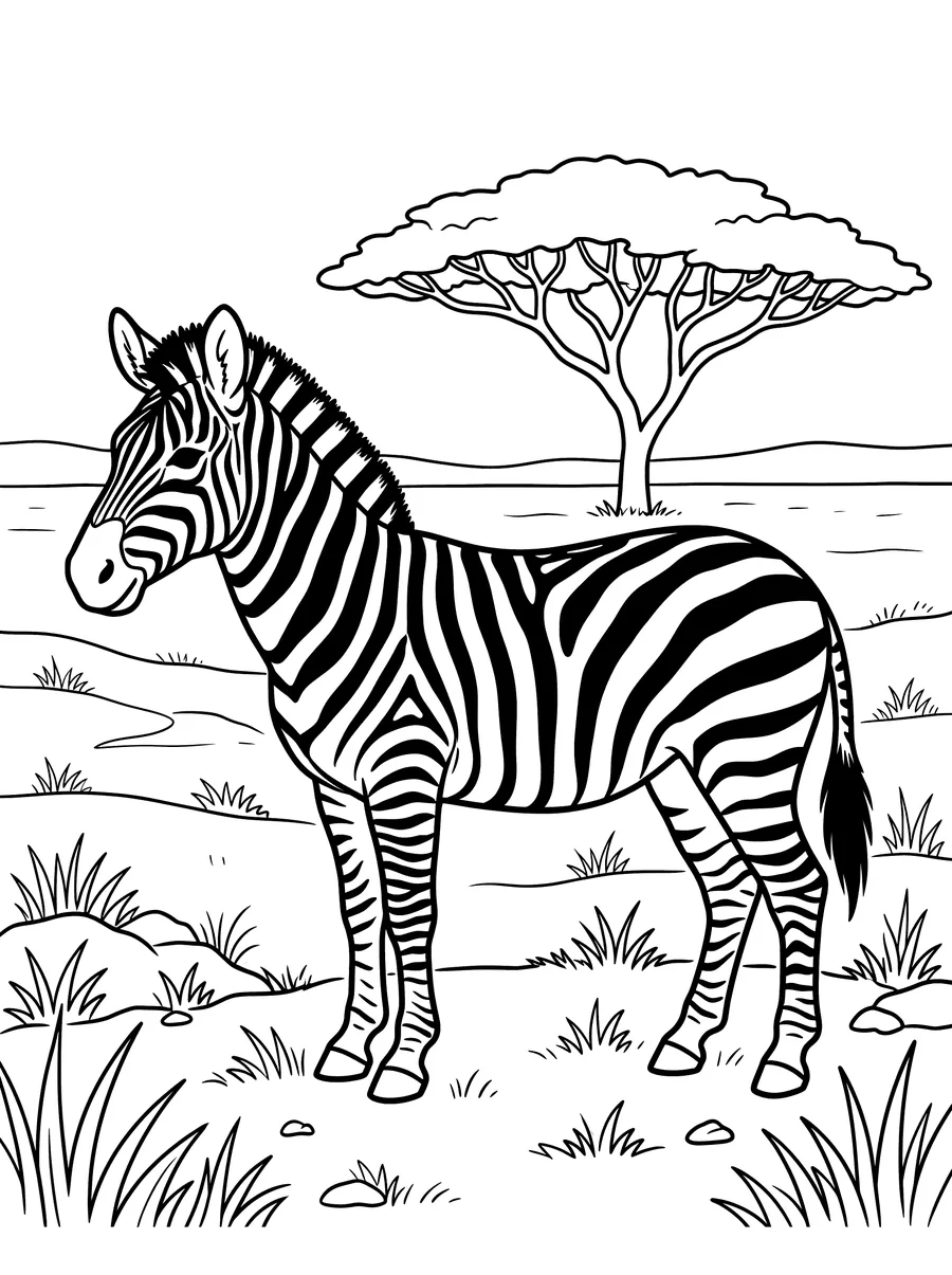 Coloring page of a zebra standing on the savanna with bold black and white stripes, a flat-topped acacia tree and rolling grassland behind it
