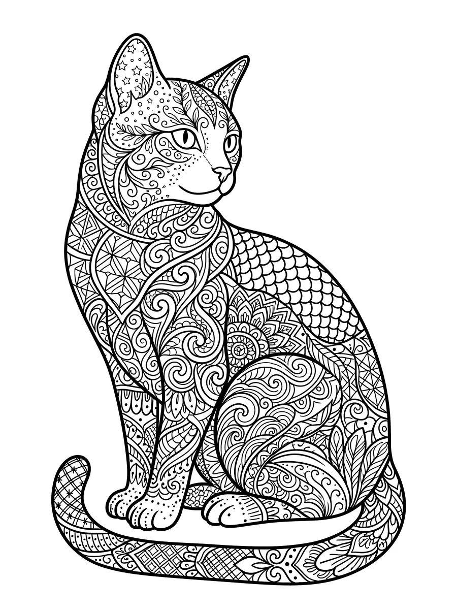 A seated cat with its entire body filled with intricate zentangle patterns including swirls, fish scales, cross-hatching, star shapes, and floral motifs