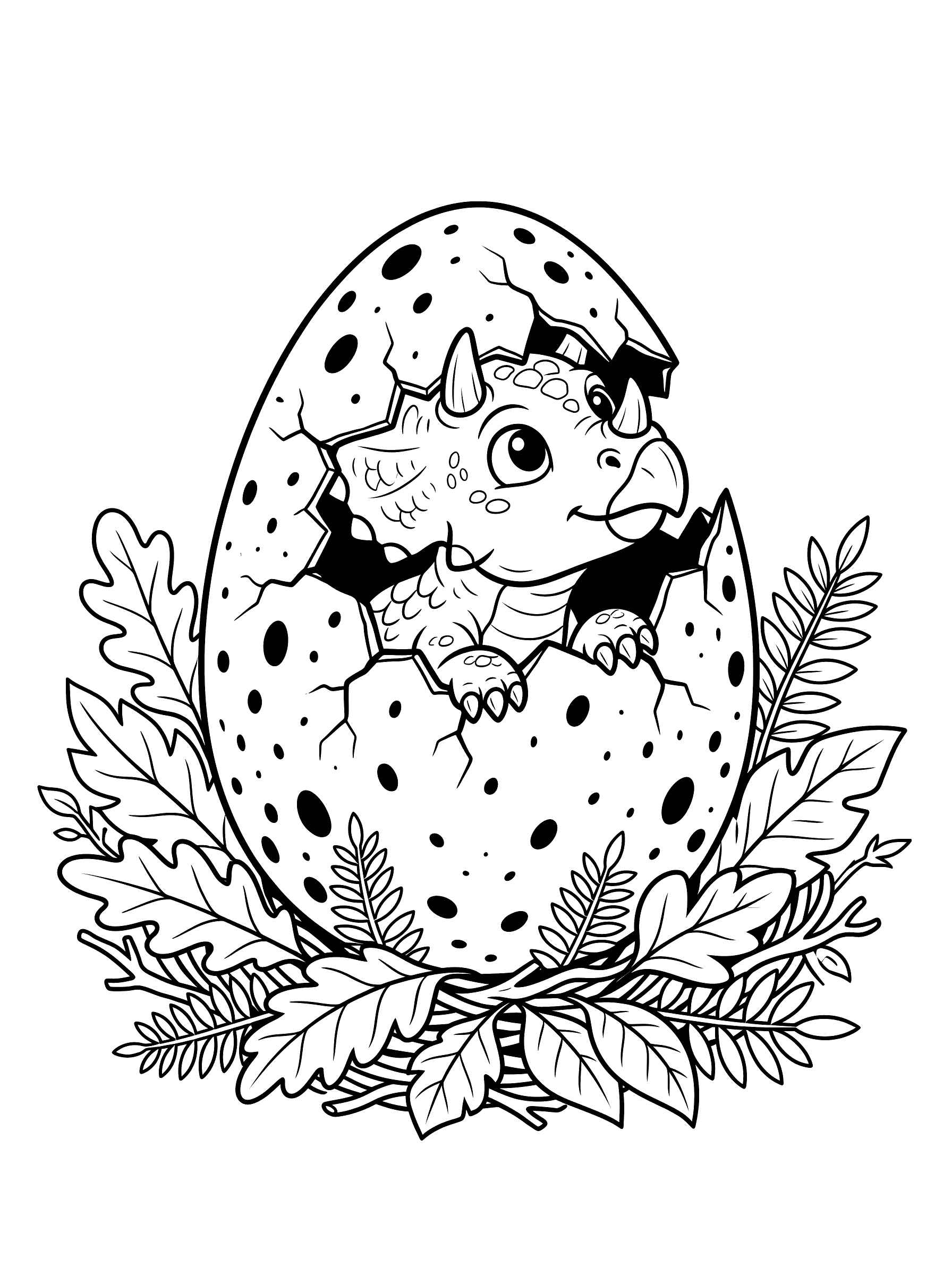 Coloring page of a cute baby horned dinosaur breaking out of a large speckled egg surrounded by a nest of leaves and ferns