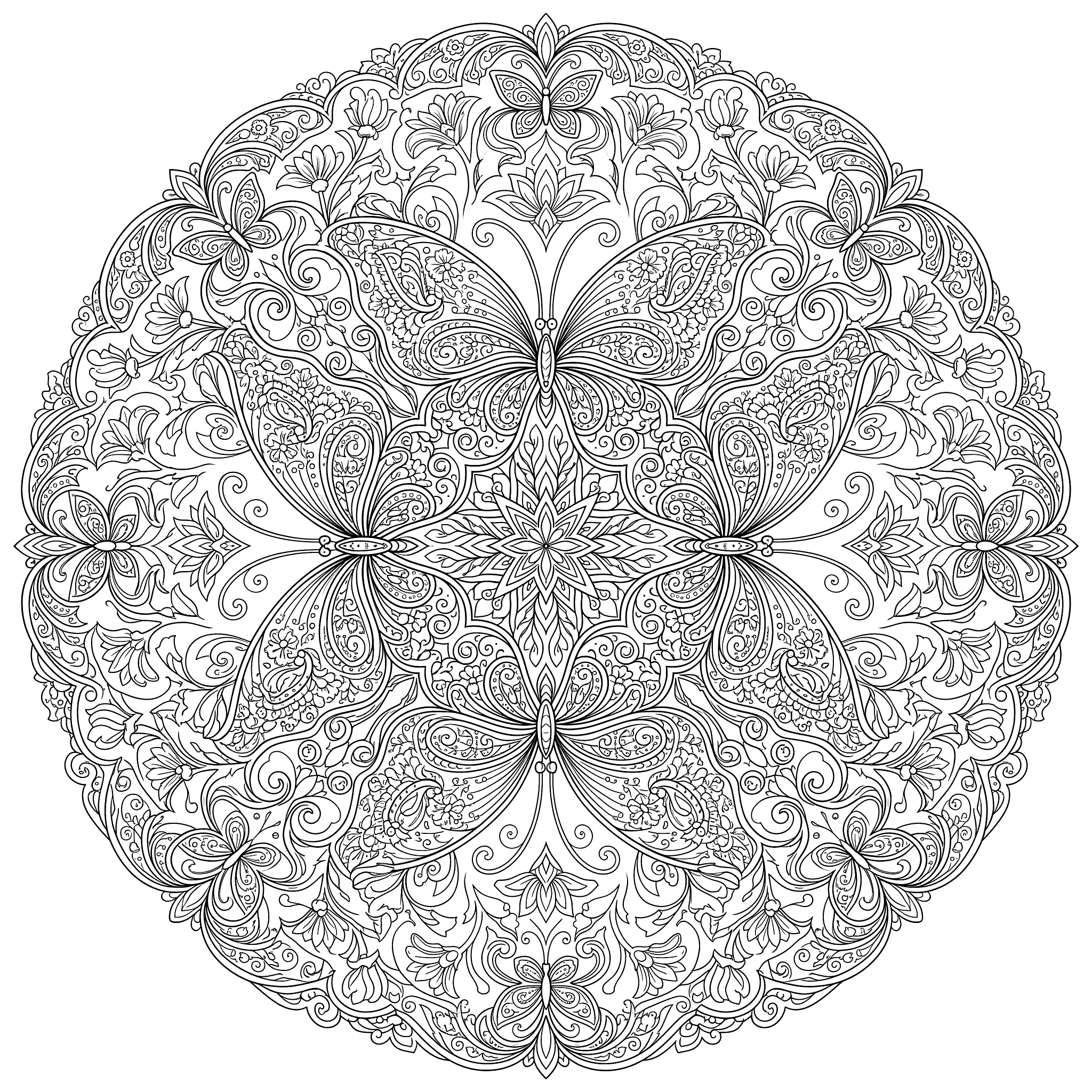 Circular butterfly mandala with four large detailed butterfly silhouettes radiating outward surrounded by intricate floral and paisley scrollwork filling the entire circle