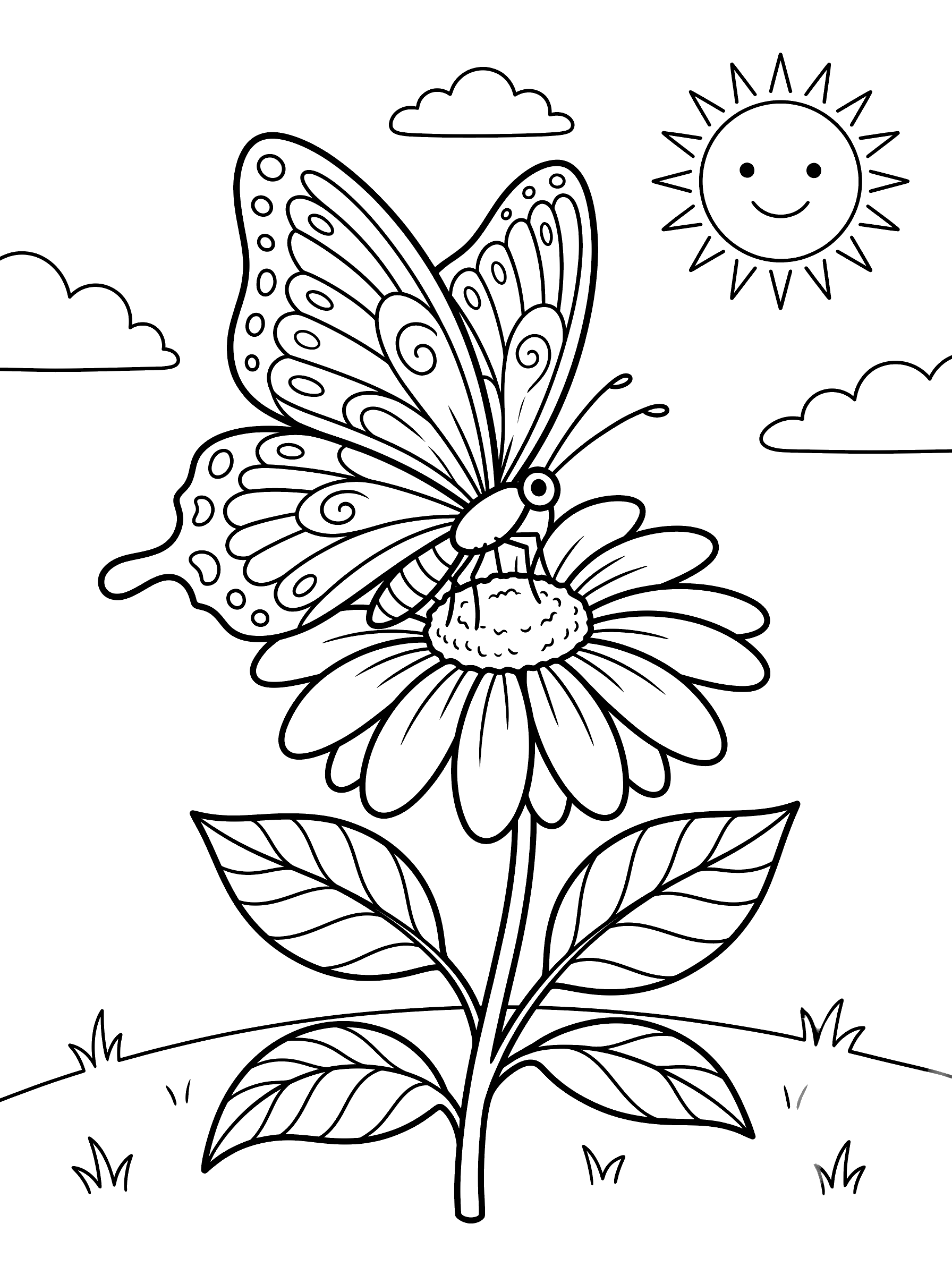 Coloring page of a large patterned butterfly with decorative wing markings perched on a tall daisy flower with stem and leaves, a smiling sun and clouds in a simple background
