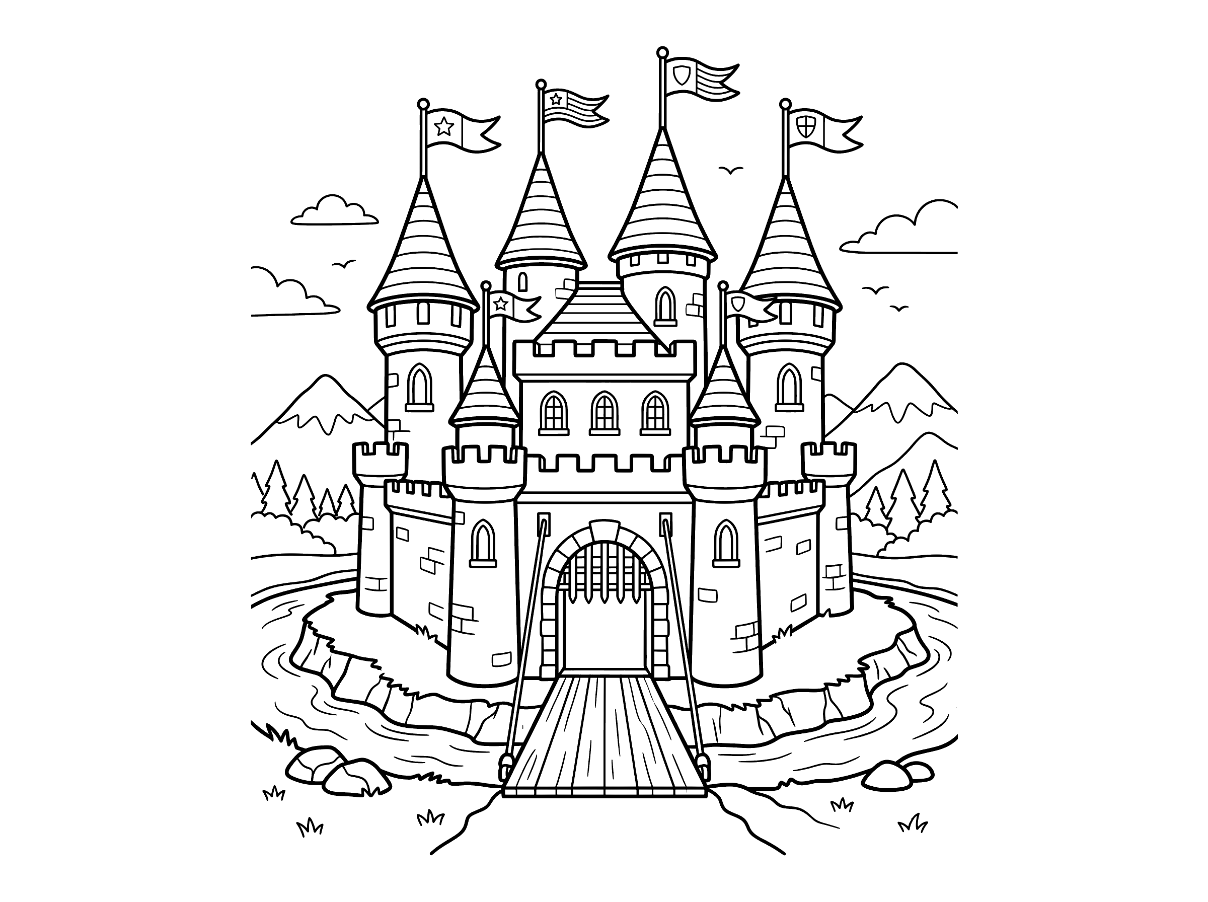 Coloring page of a grand medieval castle with six pointed towers topped with flags, a portcullis gate arch, a drawbridge over a moat, and mountains and pine trees in the background