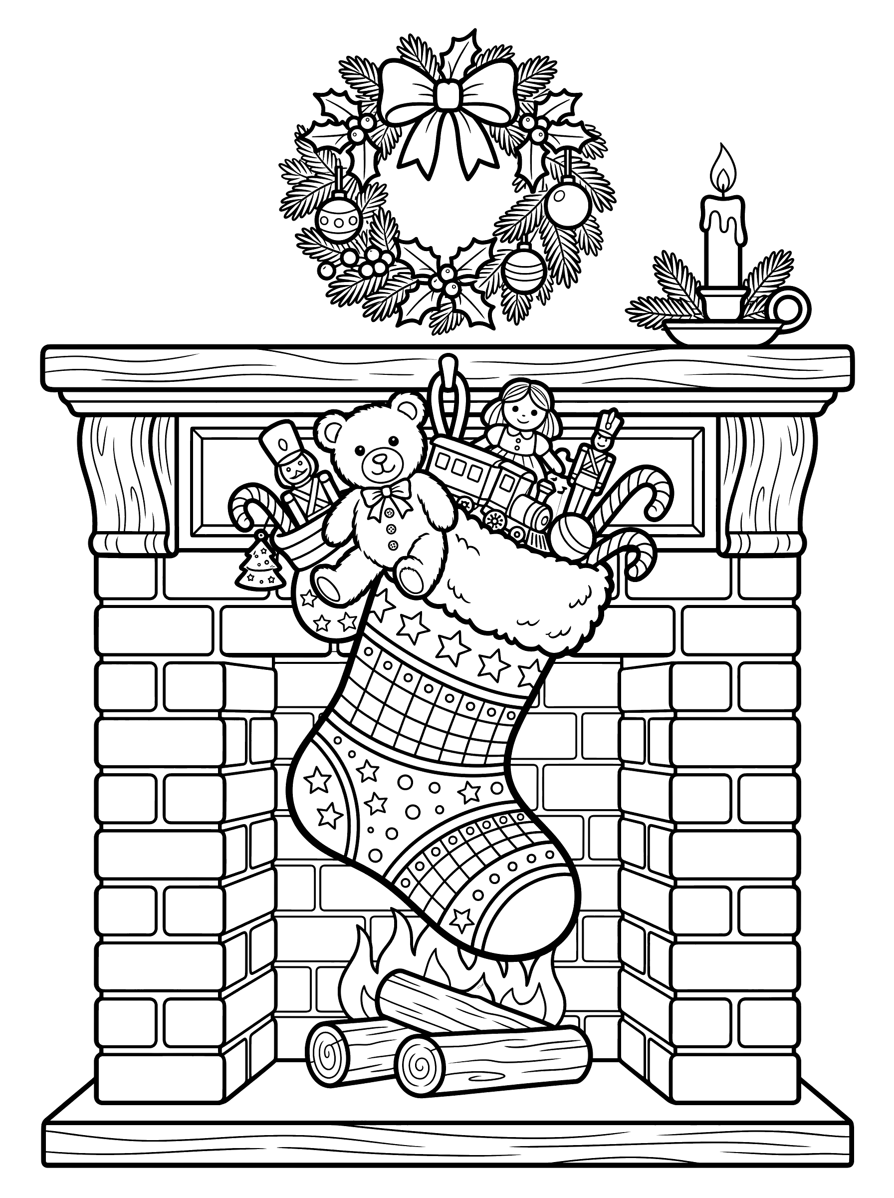 A large decorated Christmas stocking hanging from a brick fireplace, filled with a teddy bear, toys, and candy canes, with a holly wreath above the mantel and a candle, and a fire burning below