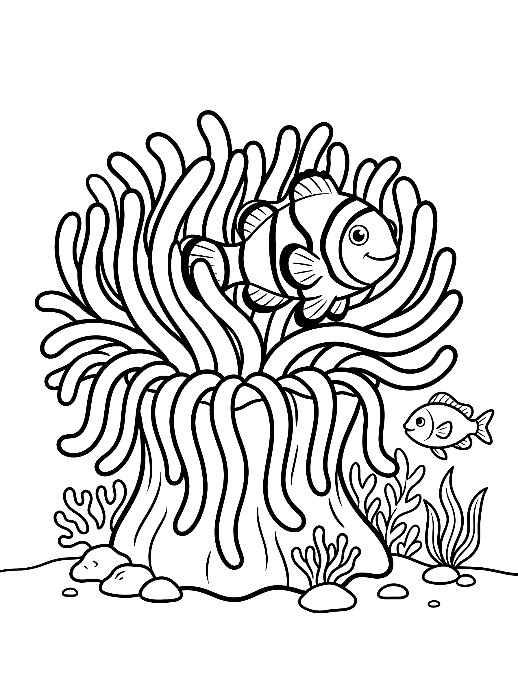Coloring page of a clownfish with bold vertical stripes nestled among the waving tentacles of a large sea anemone, a second small fish nearby and seaweed on the sea floor