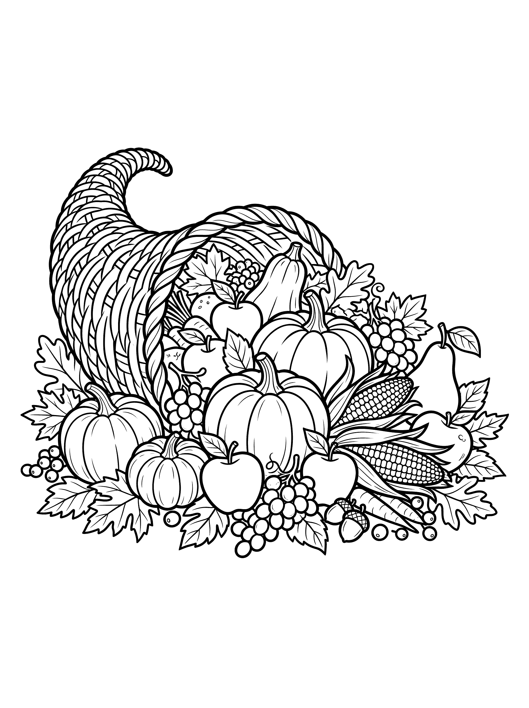 A woven horn-shaped cornucopia spilling out pumpkins, apples, grapes, corn, pears, and autumn leaves in a large harvest arrangement