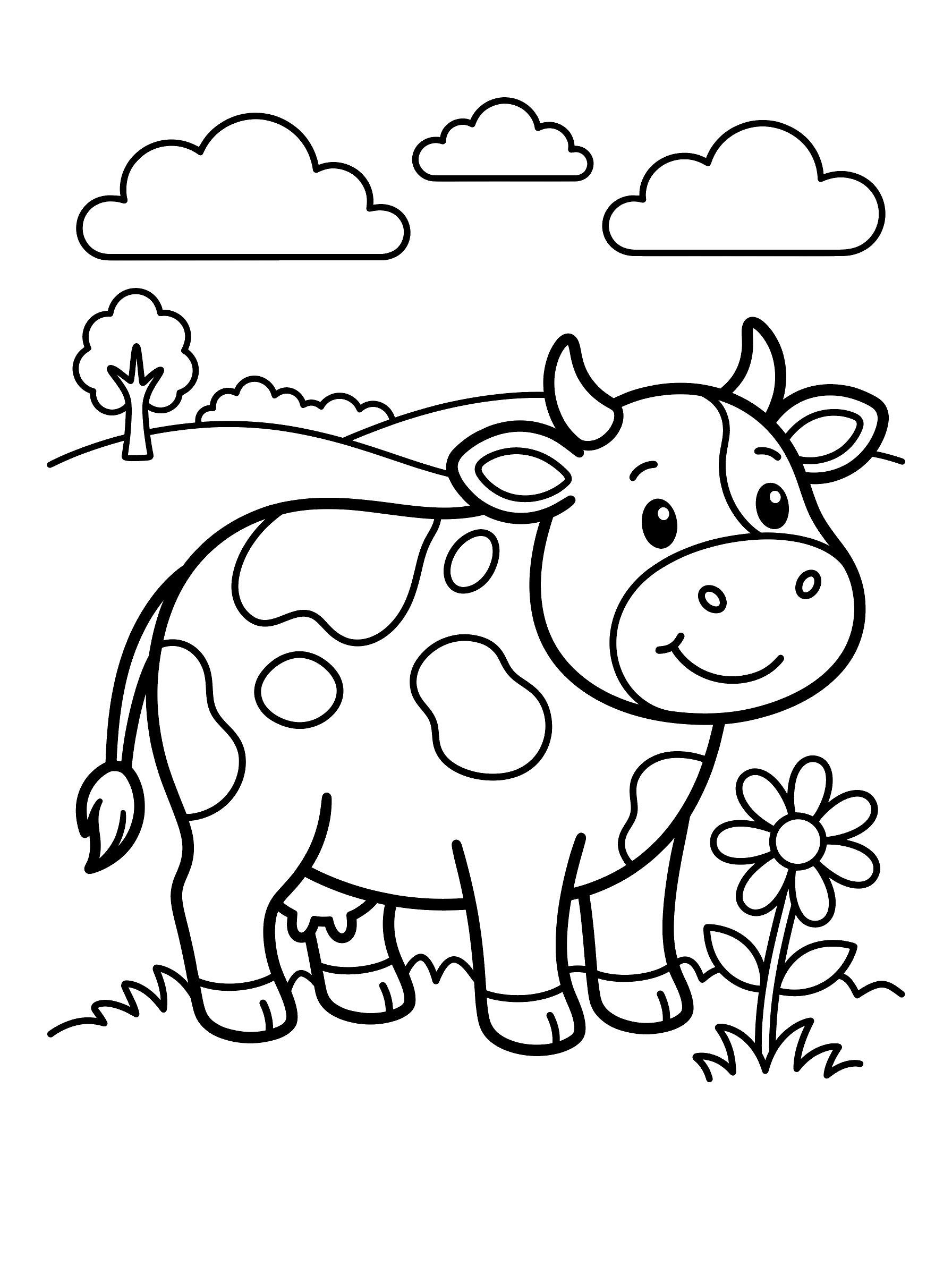 Coloring page of a chubby smiling cow with big spots standing in a meadow with a daisy flower, a tree, rolling hills and puffy clouds