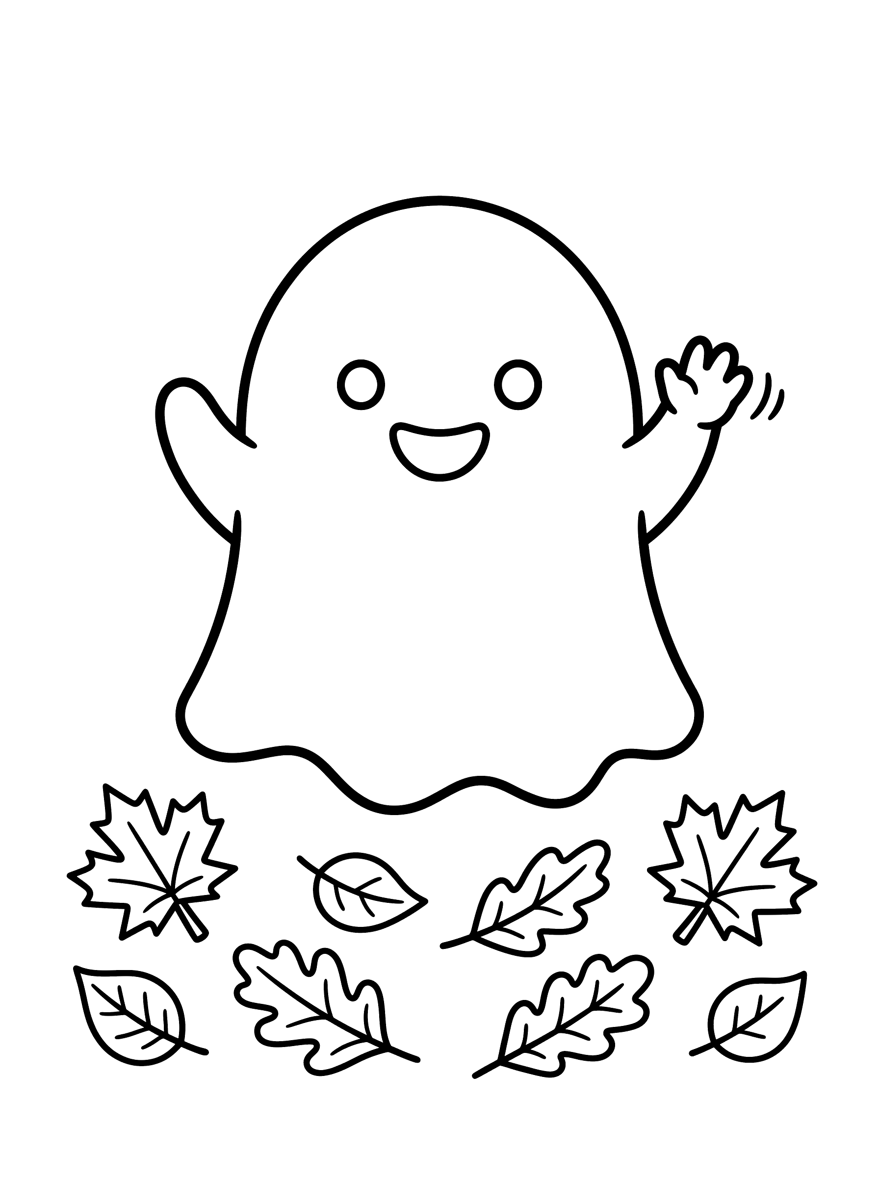 A round friendly ghost with circle eyes and a smile, one arm raised in a wave, floating above scattered autumn leaves of different shapes