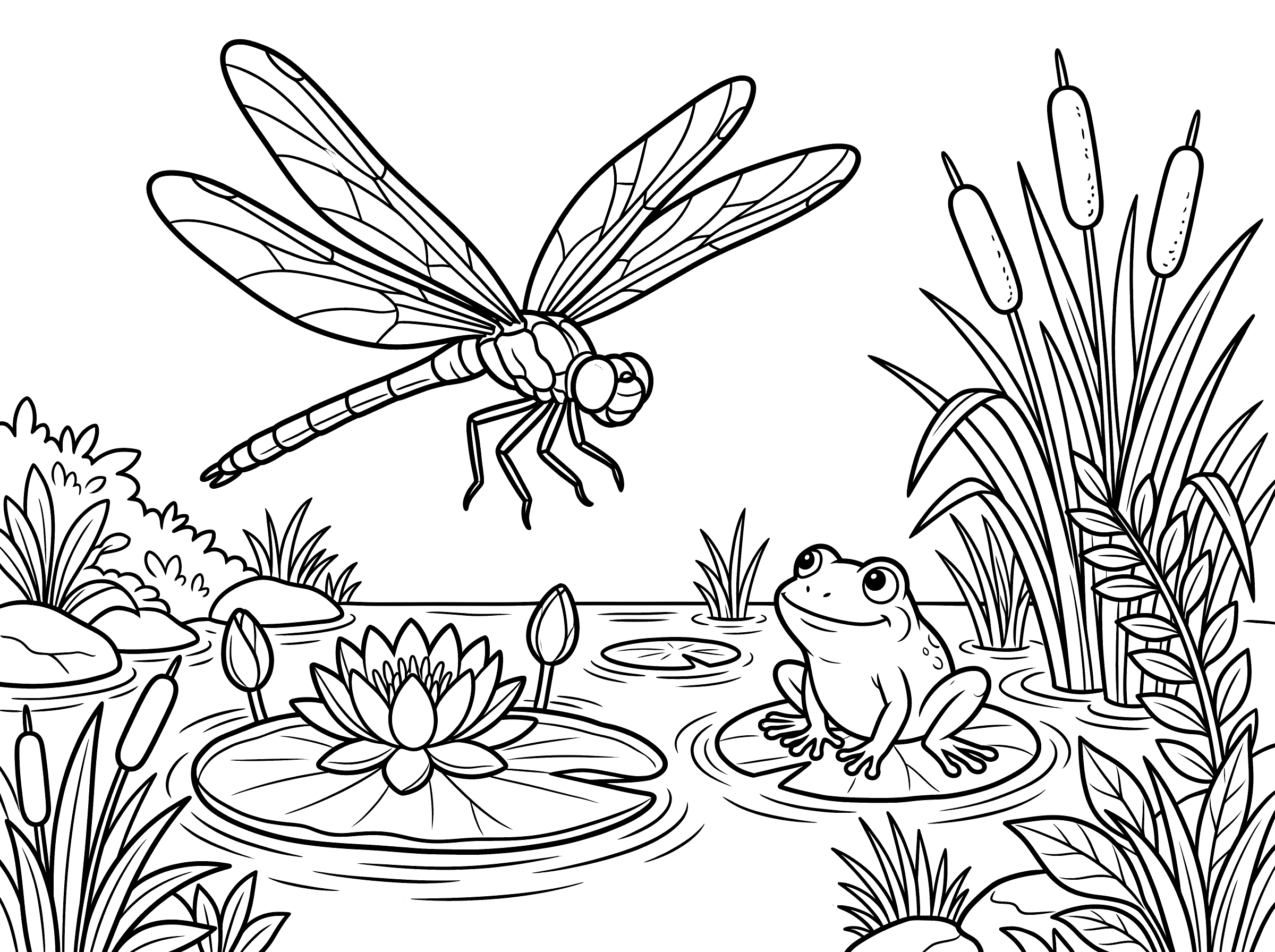 Coloring page of a large dragonfly with four detailed veined wings hovering above a lily pad pond where a frog sits, with cattails, water plants, and a lotus flower
