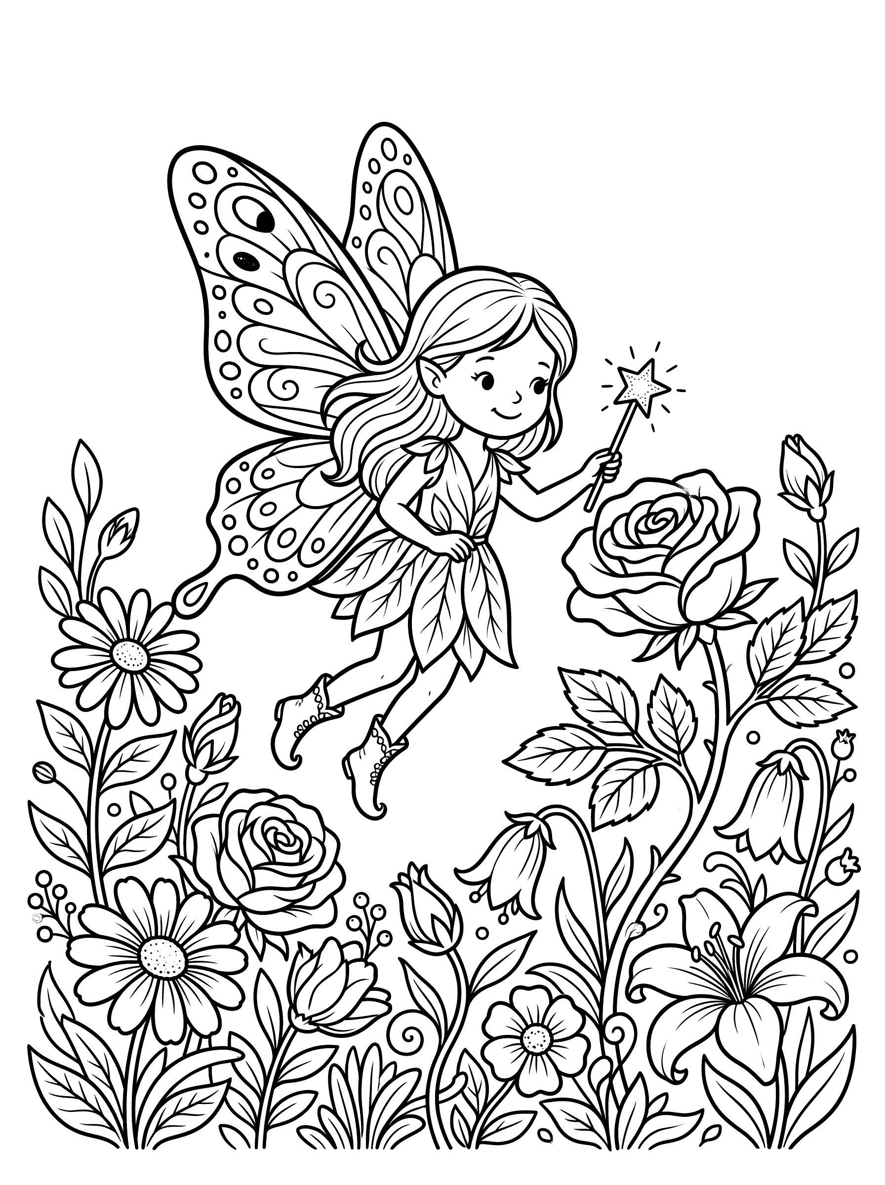 Coloring page of a small fairy in a leaf dress flying with large patterned butterfly wings, holding a star-tipped wand, surrounded by roses, daisies and garden flowers