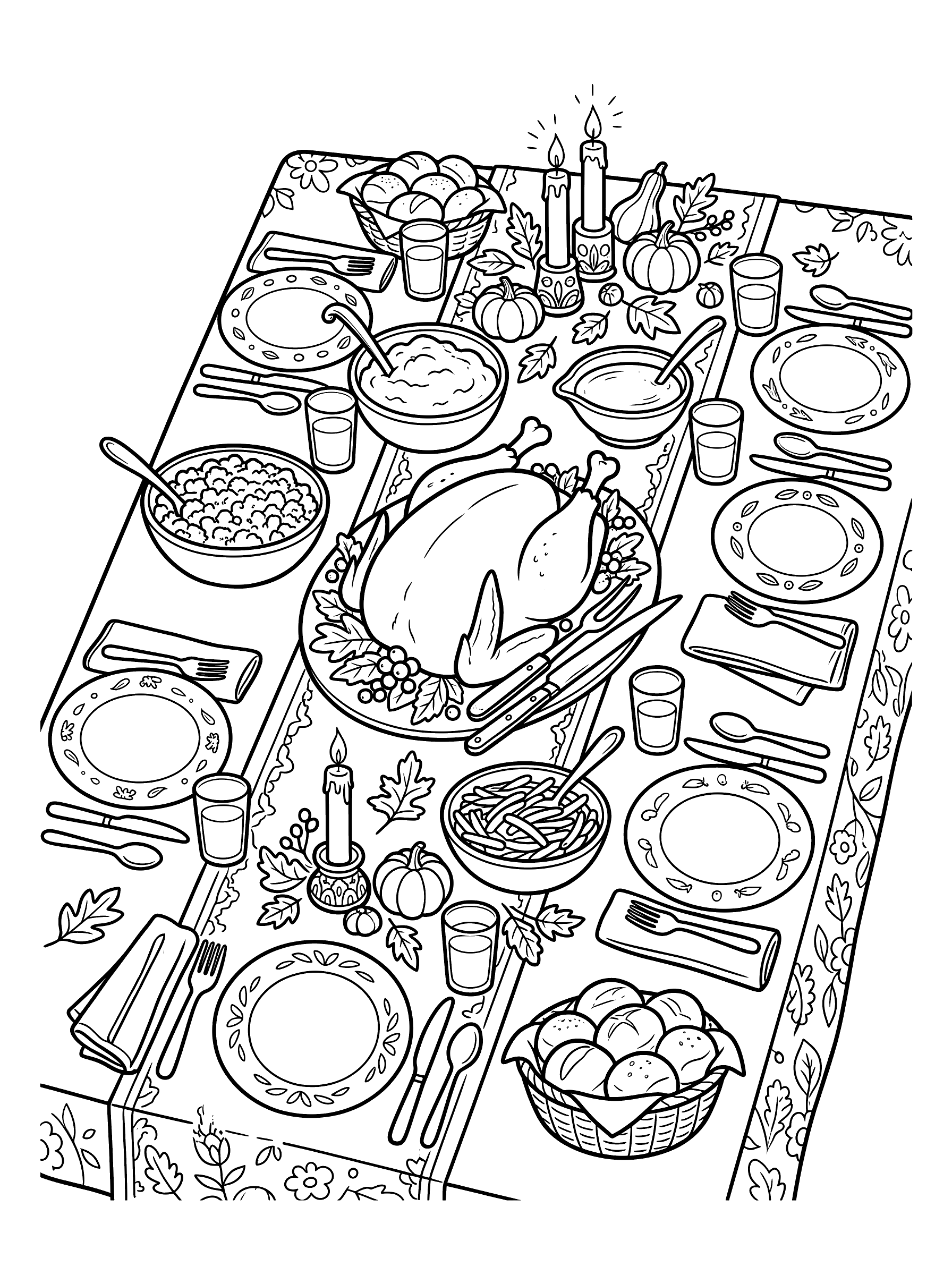 A Thanksgiving dinner table viewed from above showing a roasted turkey at the center surrounded by bowls of food, candles, decorated plates, and place settings with a floral tablecloth