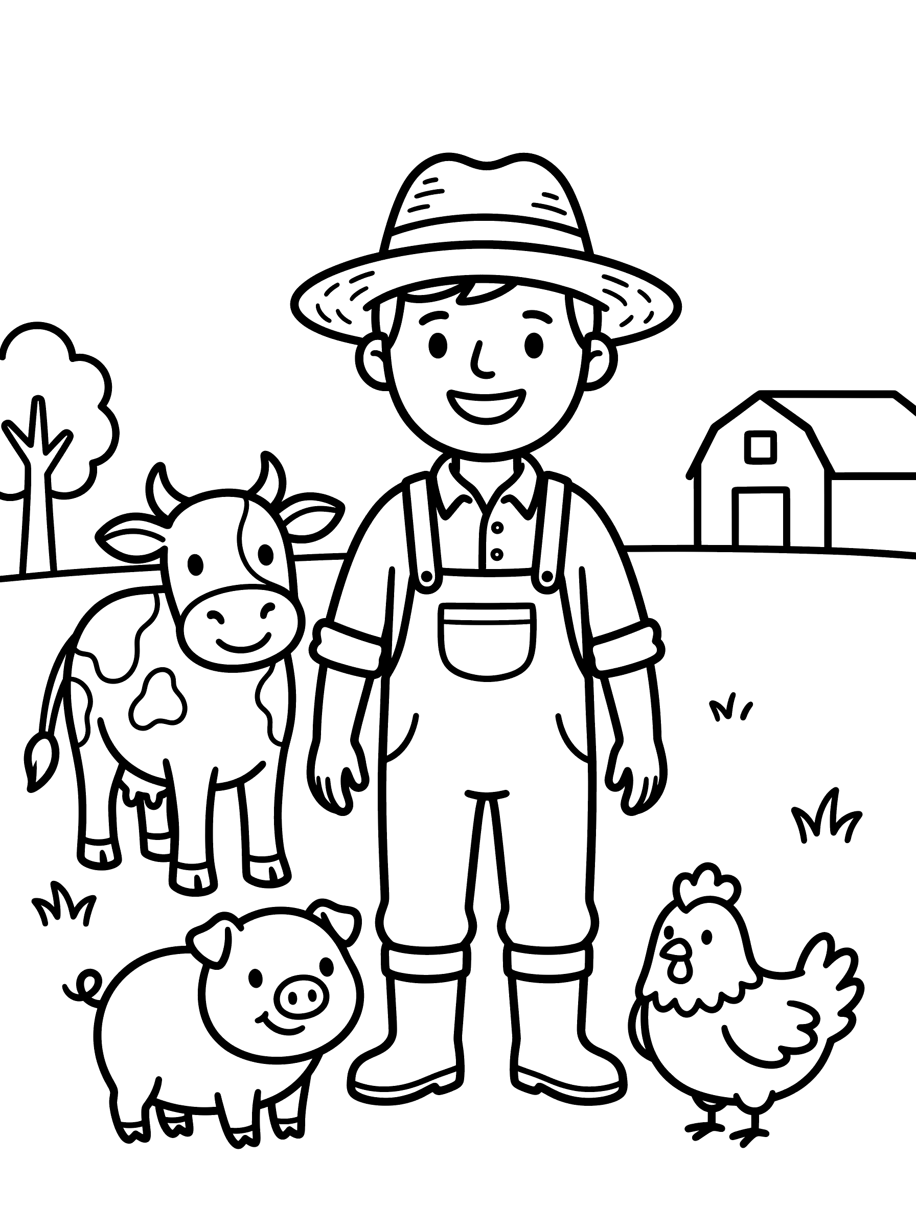 Coloring page of a smiling farmer in overalls and a wide hat standing with a spotted cow on one side, a small pig at their feet, and a chicken on the other side, barn in the background