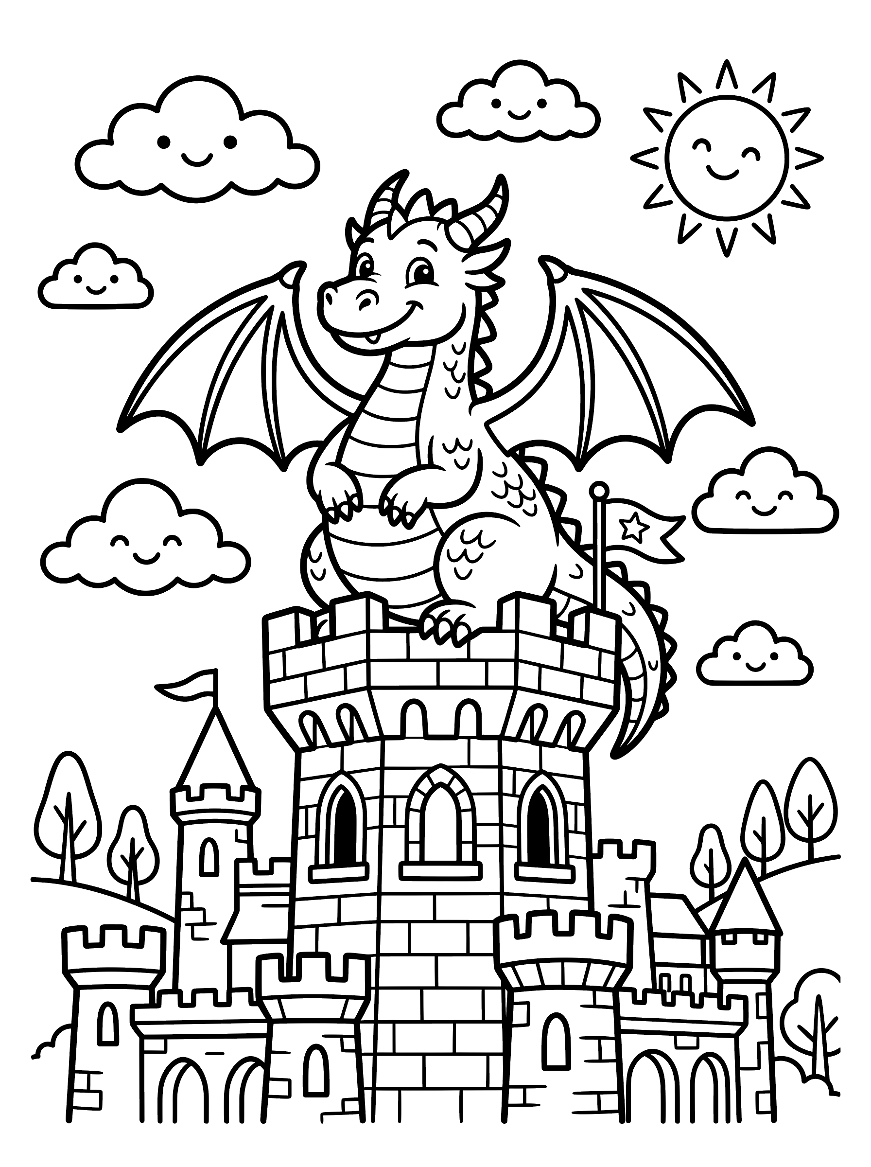 Coloring page of a chubby smiling dragon with wings spread wide perched on top of a stone castle tower with battlements, a flag waving beside it, smiling clouds and a sun in the background