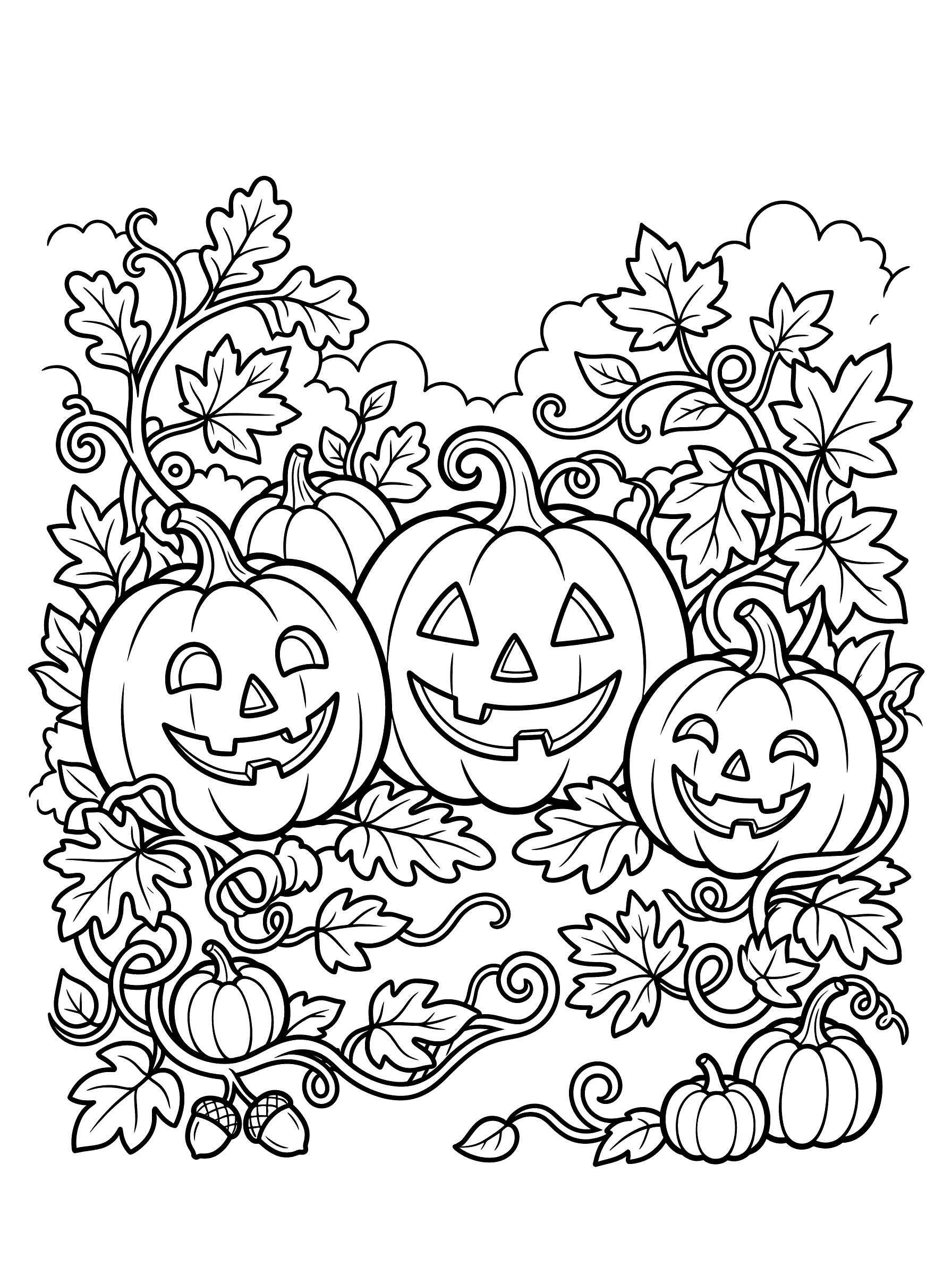 Three smiling jack-o-lanterns with triangle eyes and toothy grins nestled among curling vines, large maple leaves, and small pumpkins