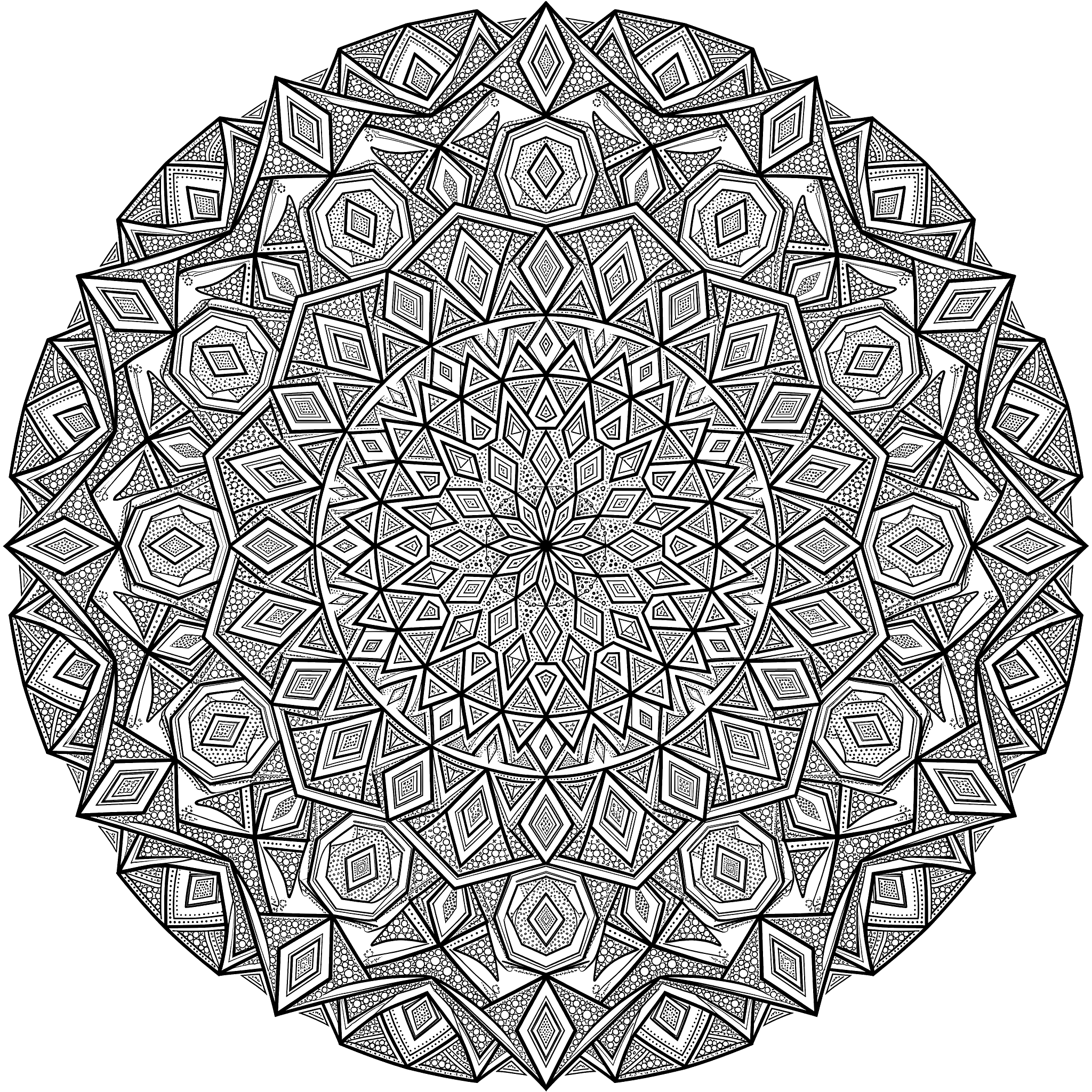 Complex circular geometric mandala with repeating diamond shapes, triangles, pentagons, and fine dot patterns arranged in dense concentric rings