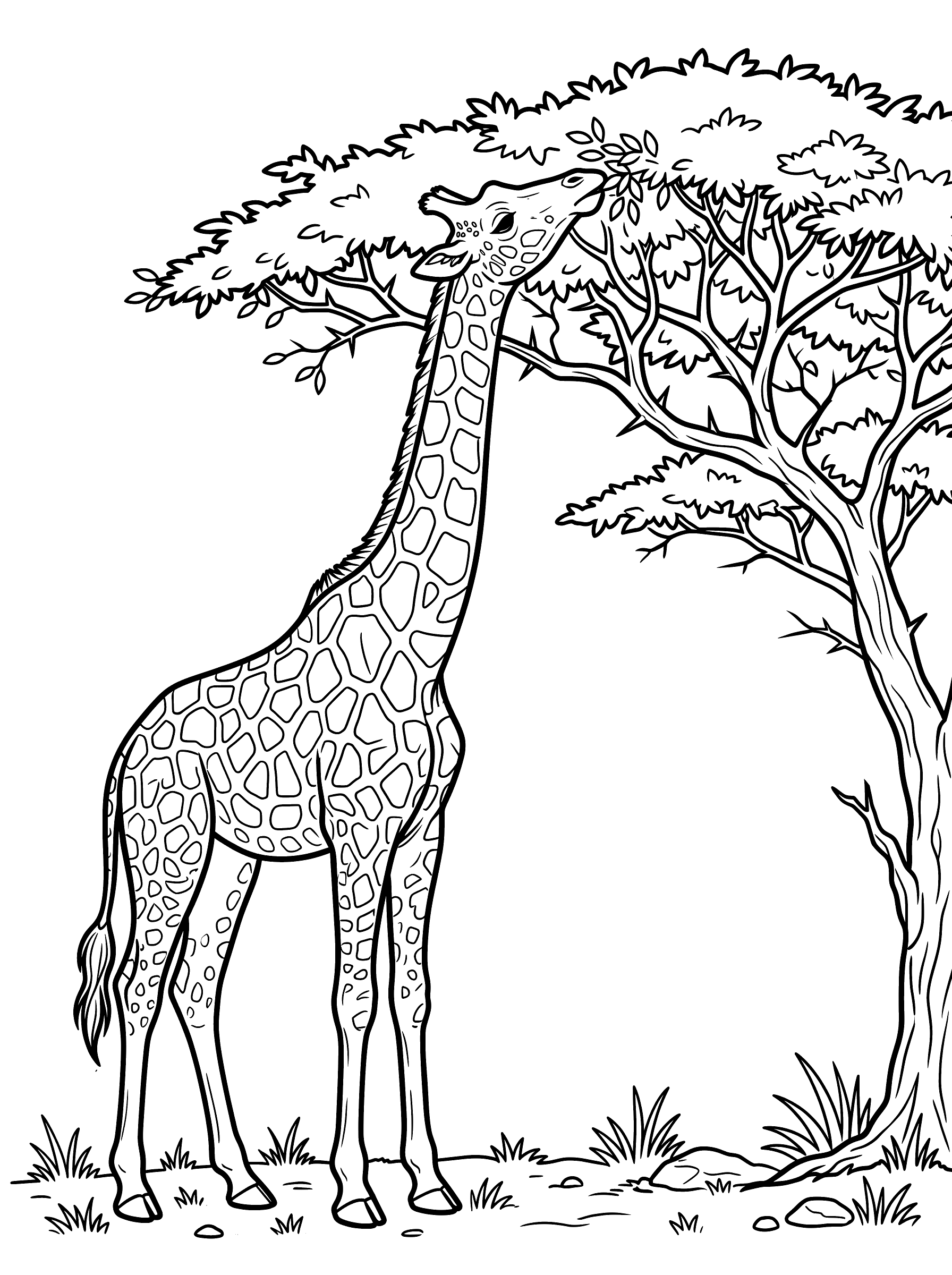 Coloring page of a giraffe stretching its long neck upward to nibble leaves from the top of an acacia tree, its large patch pattern covering the neck and body