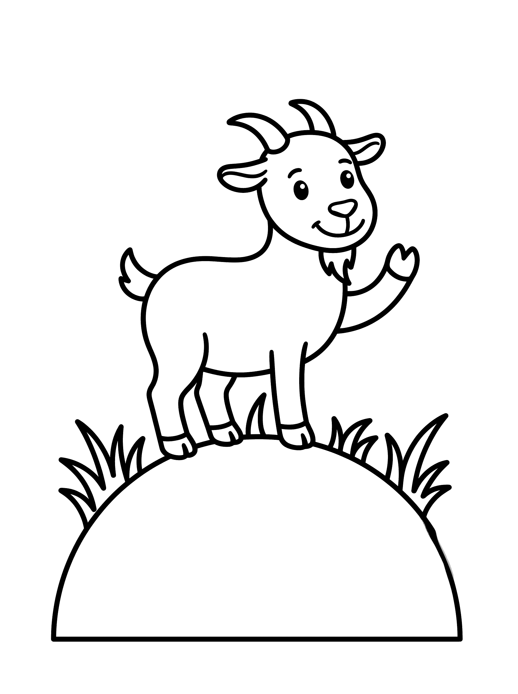 Coloring page of a cheerful young goat with small curved horns and a little beard standing on top of a round grassy hill with one hoof raised