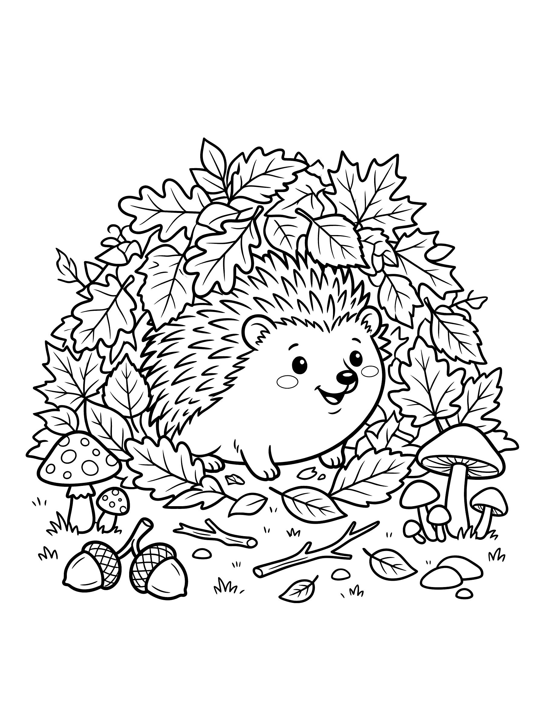 A smiling hedgehog with visible spines on its back peeking out from under a mound of autumn leaves, with mushrooms and acorns on the ground nearby