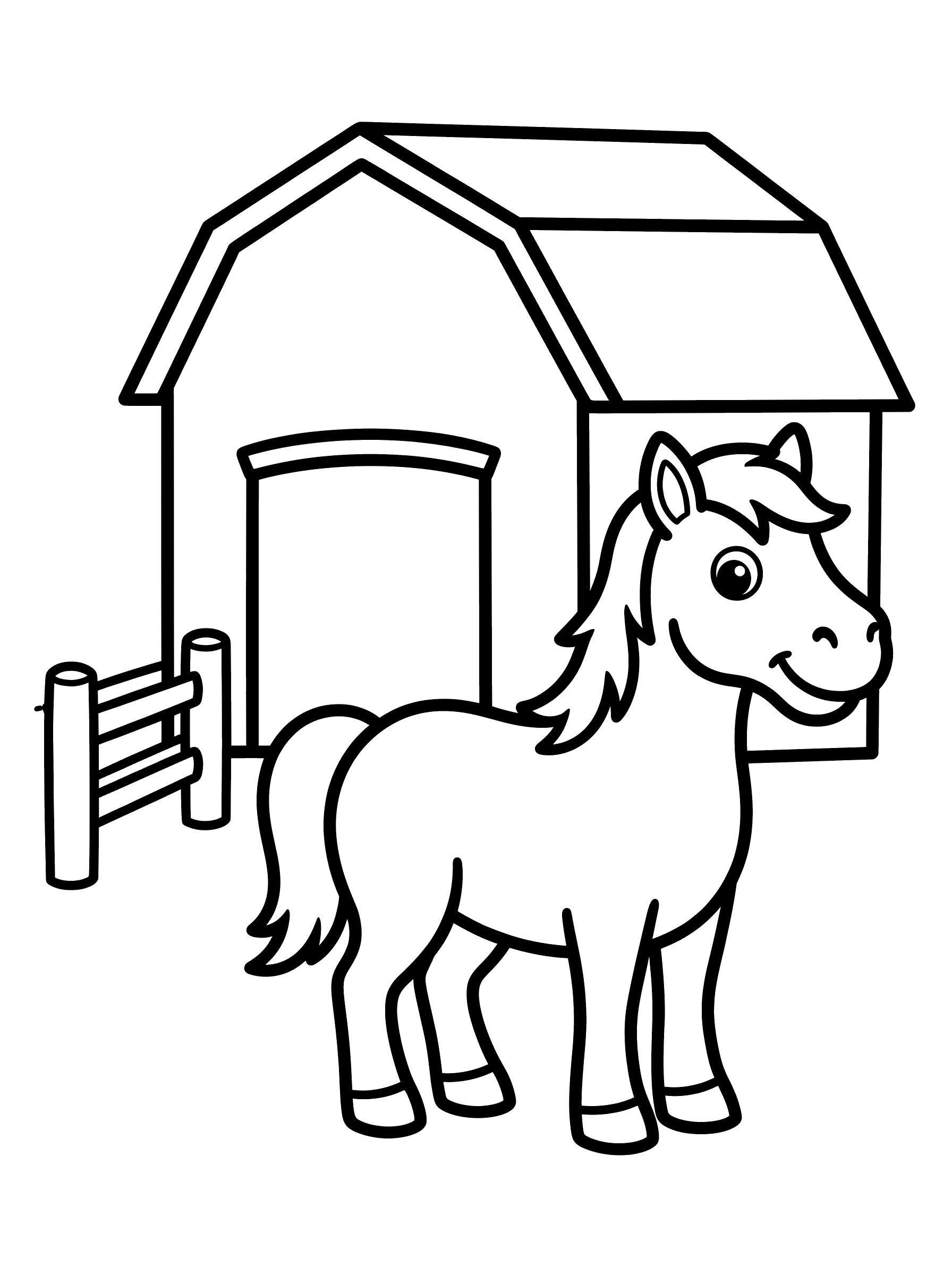 Coloring page of a friendly smiling horse standing in front of a large barn with an arched door, a fence rail on one side