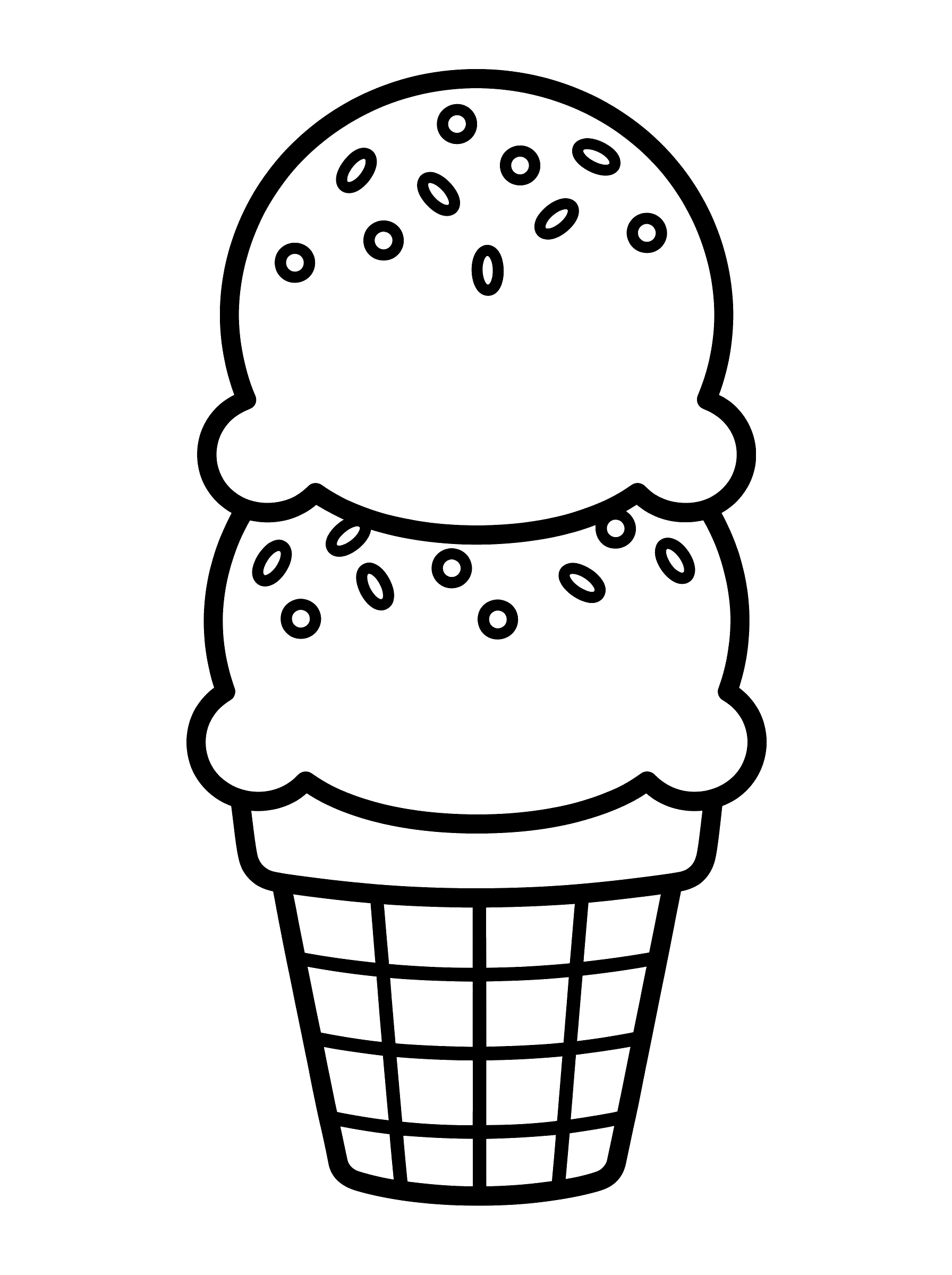 Simple coloring page of a double-scoop ice cream cone with oval sprinkles on both scoops and a waffle-grid cone