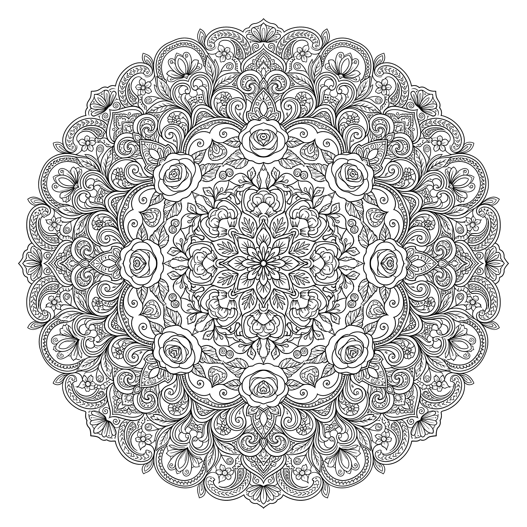 Intricate circular floral mandala with layered roses, scrolling vines, paisley shapes, and tiny flowers arranged in symmetrical concentric rings