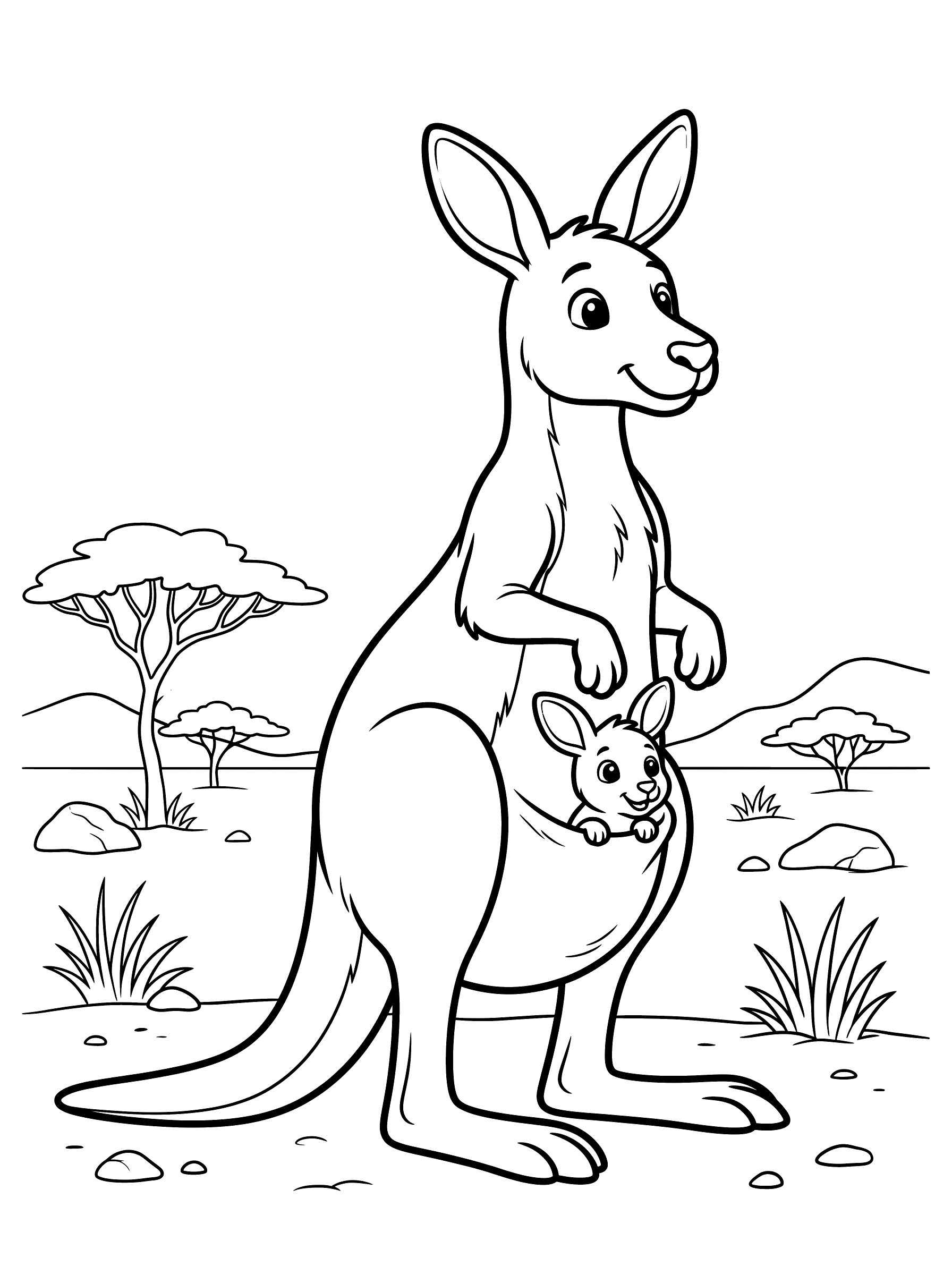 Coloring page of a kangaroo standing upright with a tiny joey peeking out from its front pouch, outback trees and rocky hills in the background