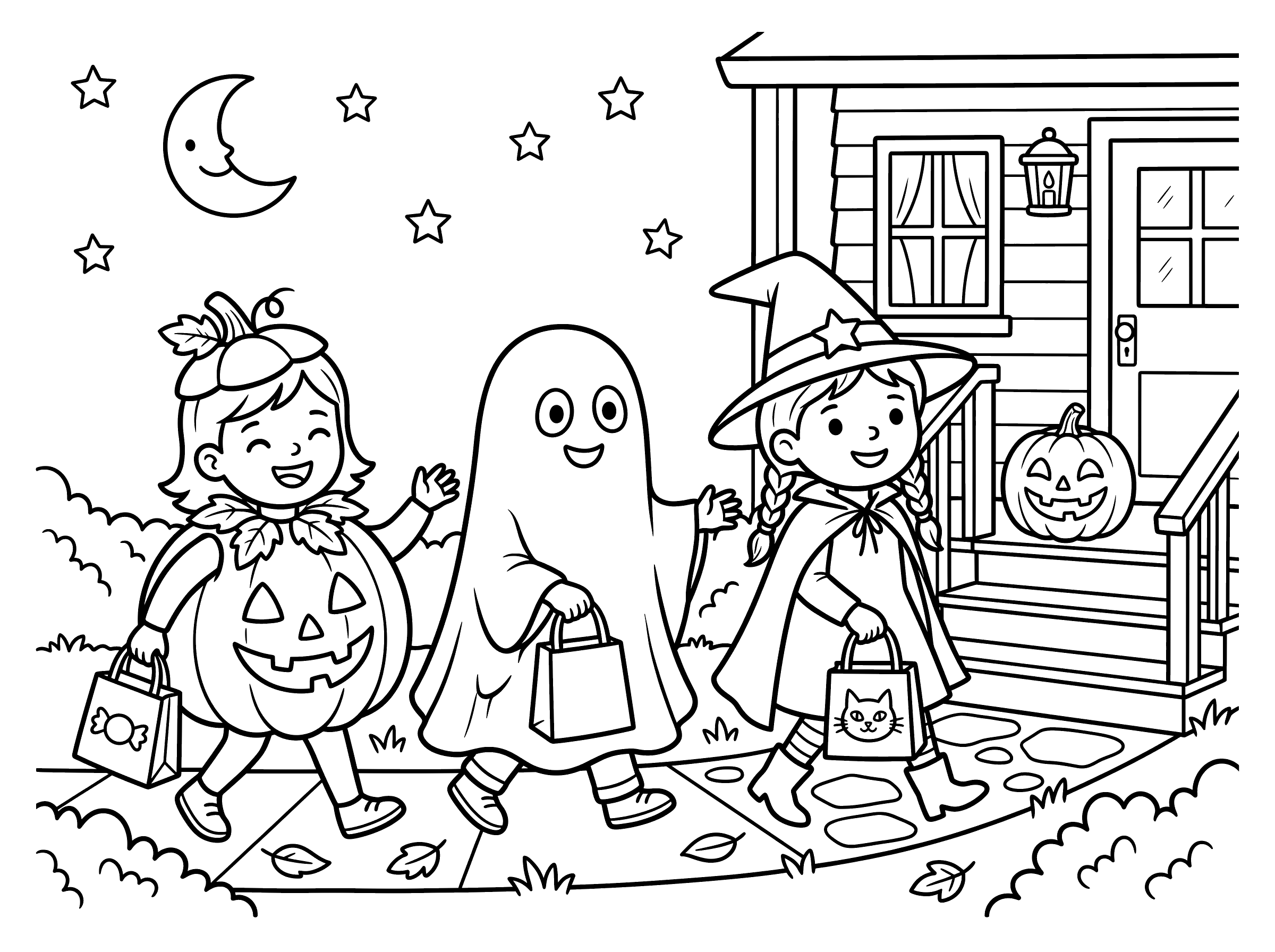 Coloring page of three children in pumpkin, ghost and witch costumes carrying treat bags past a porch with a jack-o'-lantern under a crescent moon