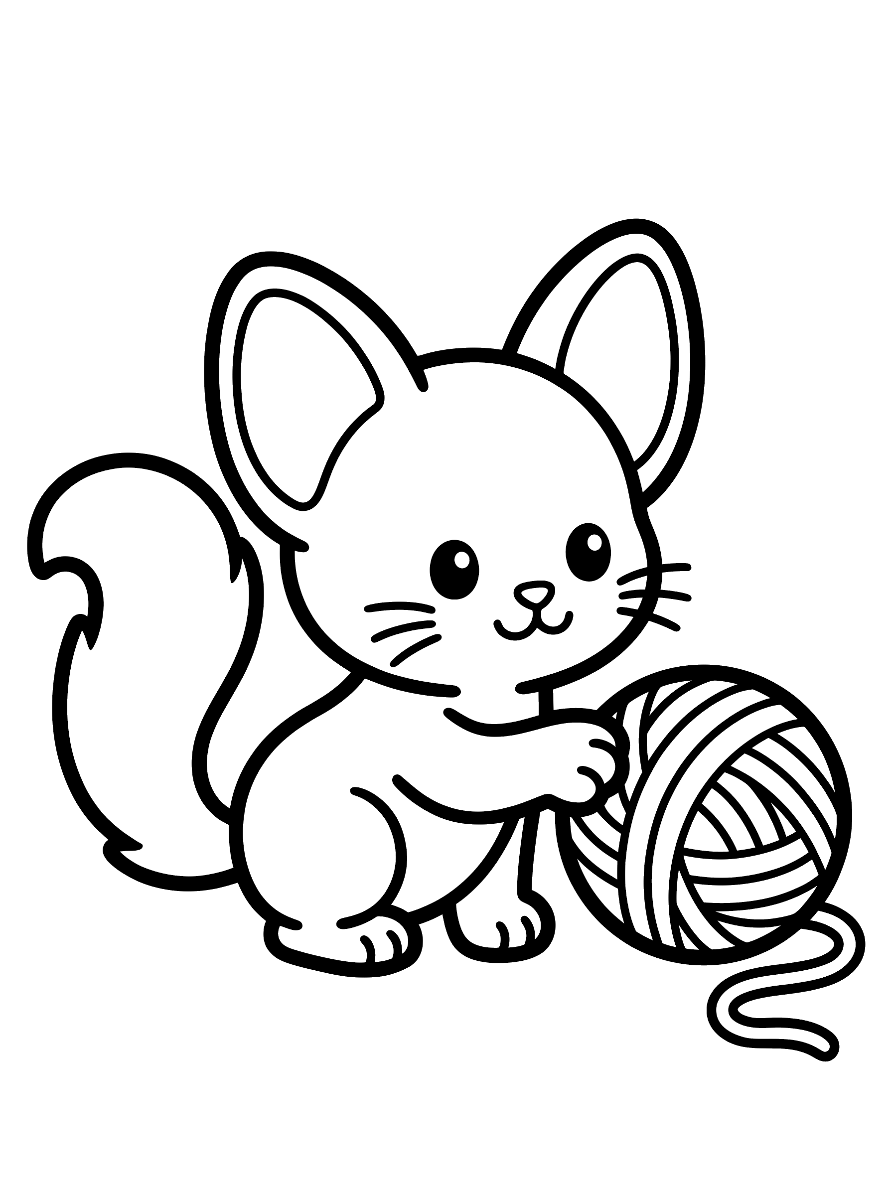 Coloring page of a cute kitten with tall pointed ears and a fluffy curled tail sitting with a ball of yarn, one paw reaching toward it