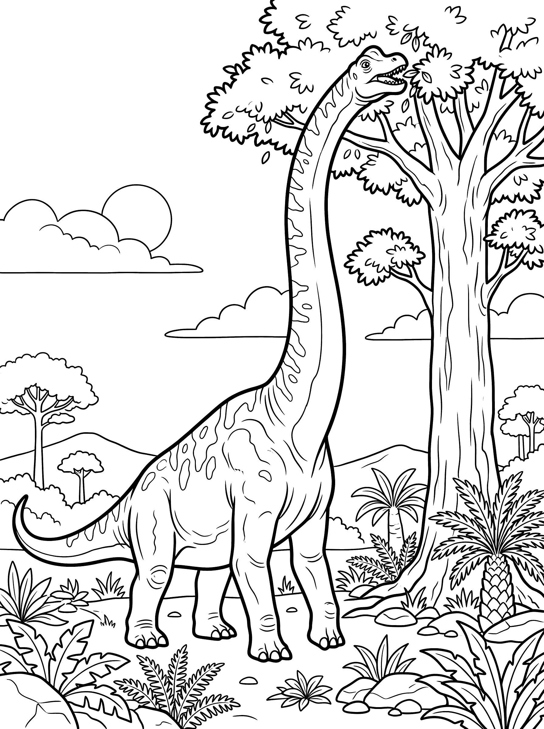 A long-necked brachiosaurus stretching its neck up to eat leaves from the top of a tall tree, with its massive body and four legs visible, prehistoric plants and ferns around it, and clouds in the sky