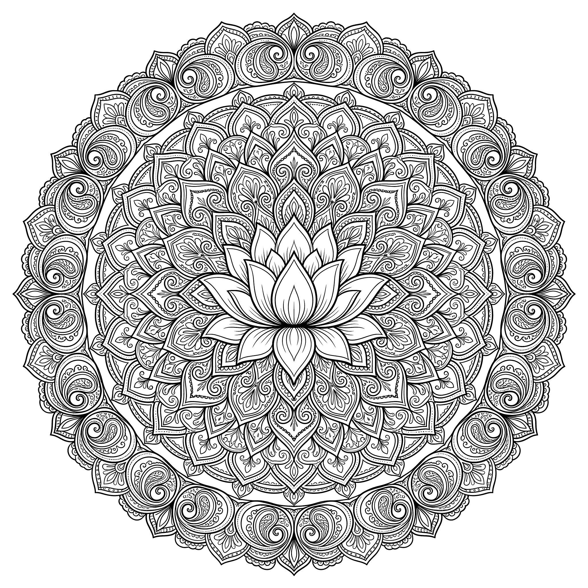 Intricate circular lotus mandala with an open lotus bloom at center surrounded by layered petal rings, paisley scrollwork, and fine dot patterns filling every section